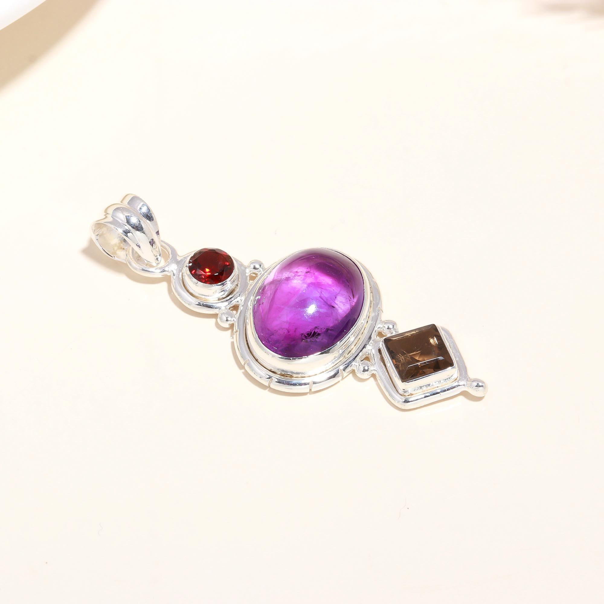 925 Sterling Silver Handmade Amethyst, Garnet & Smoky Quartz Pendant