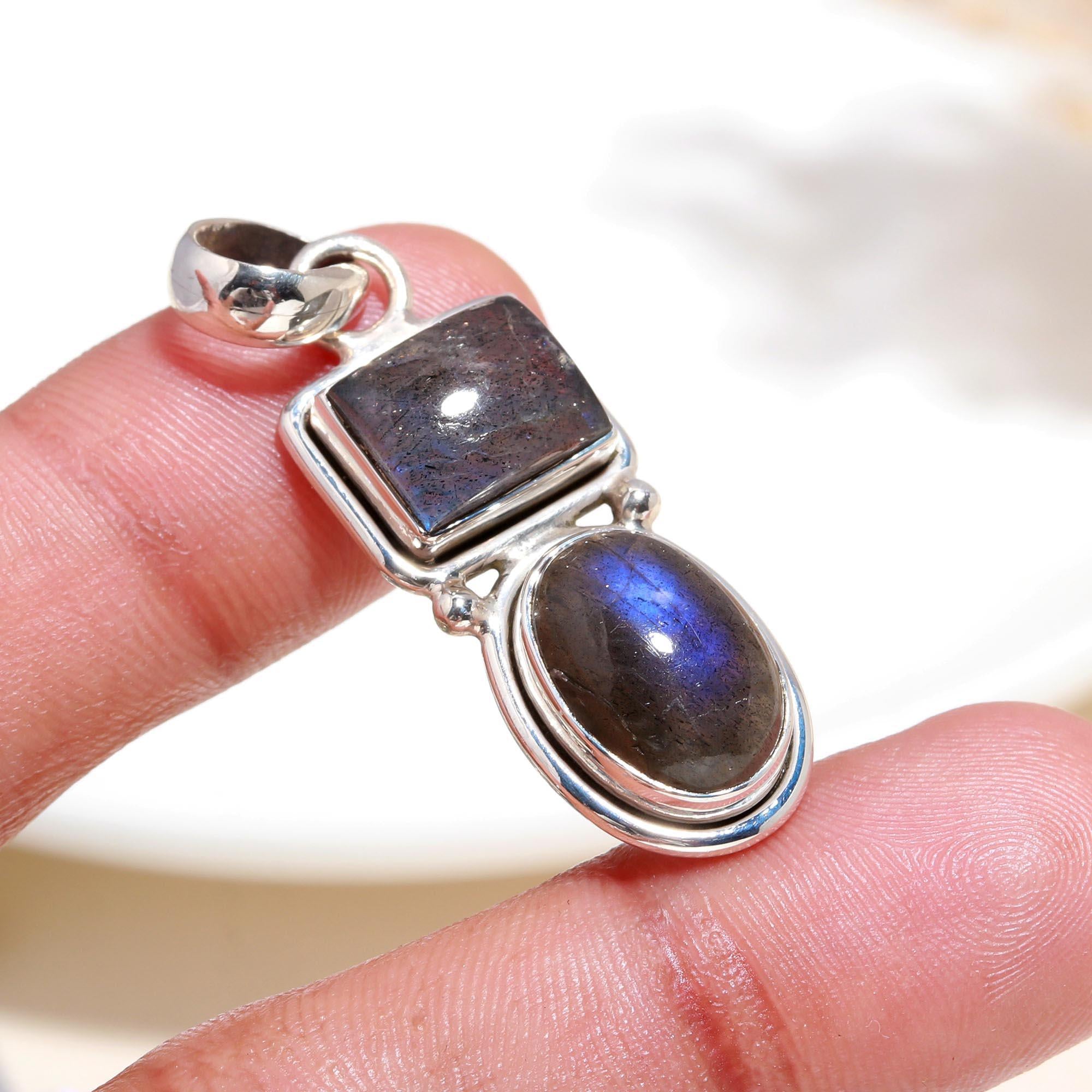 925 Sterling Silver Double Gemstone Labradorite Pendant