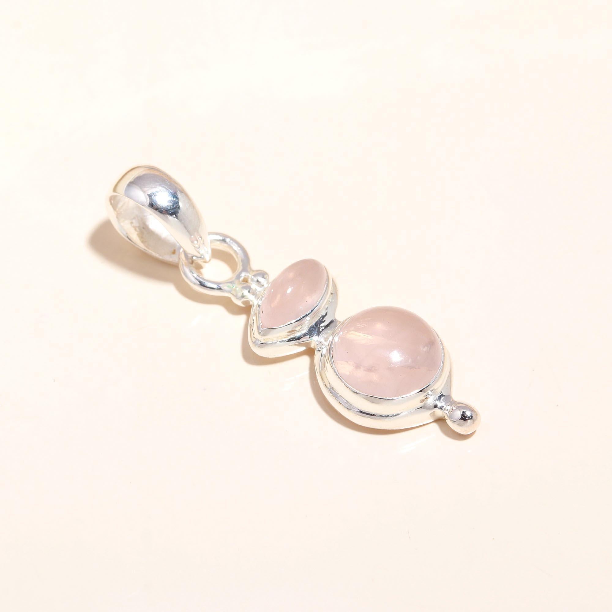 925 Sterling Silver Double Gemstone Rose Quartz Pendant