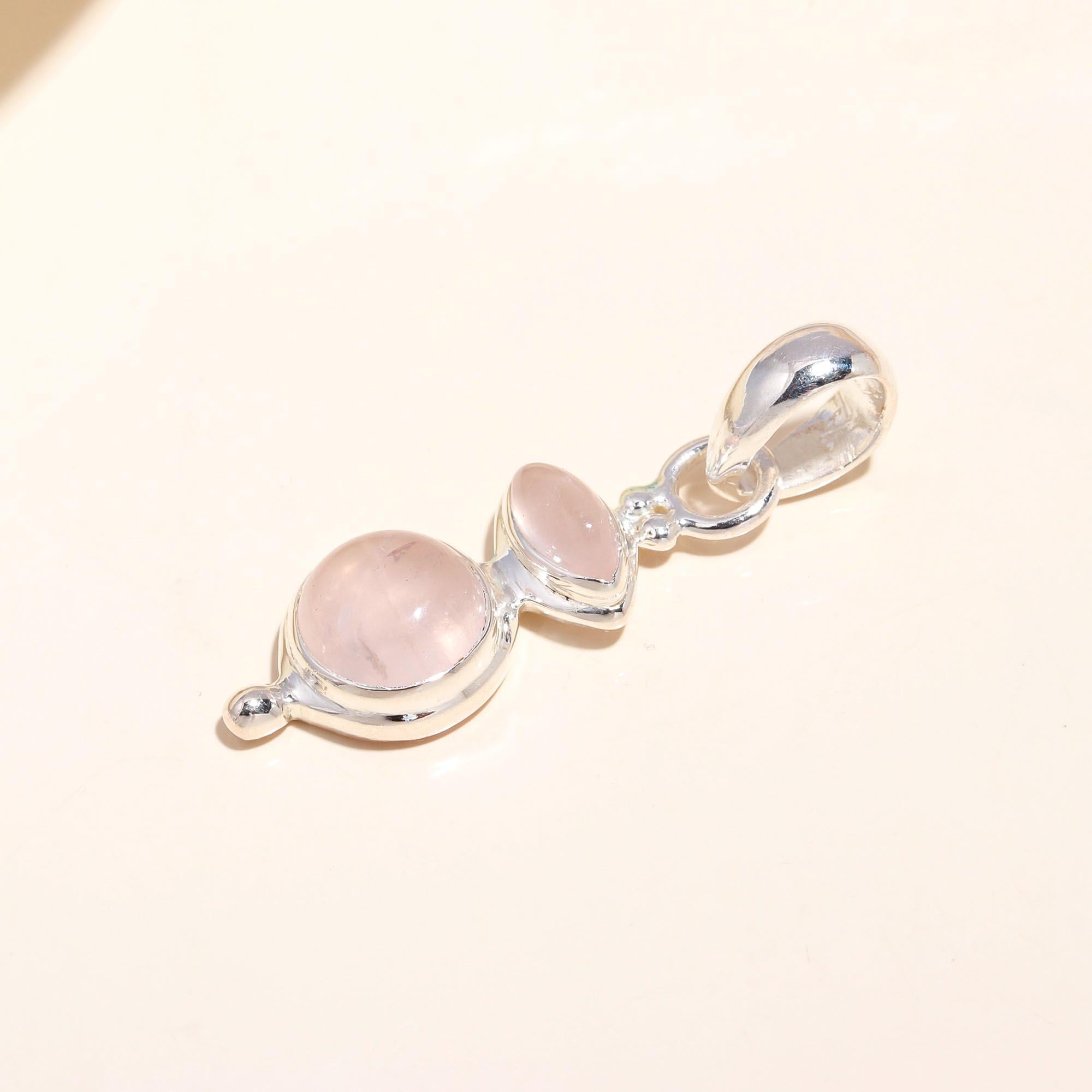 925 Sterling Silver Double Gemstone Rose Quartz Pendant