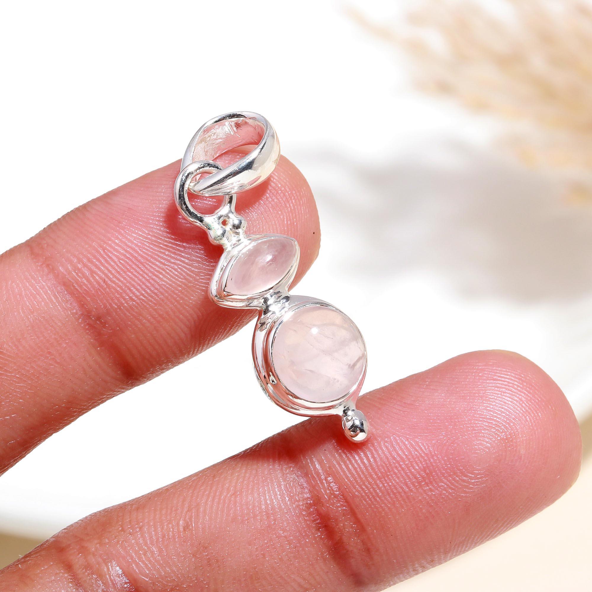 925 Sterling Silver Double Gemstone Rose Quartz Pendant