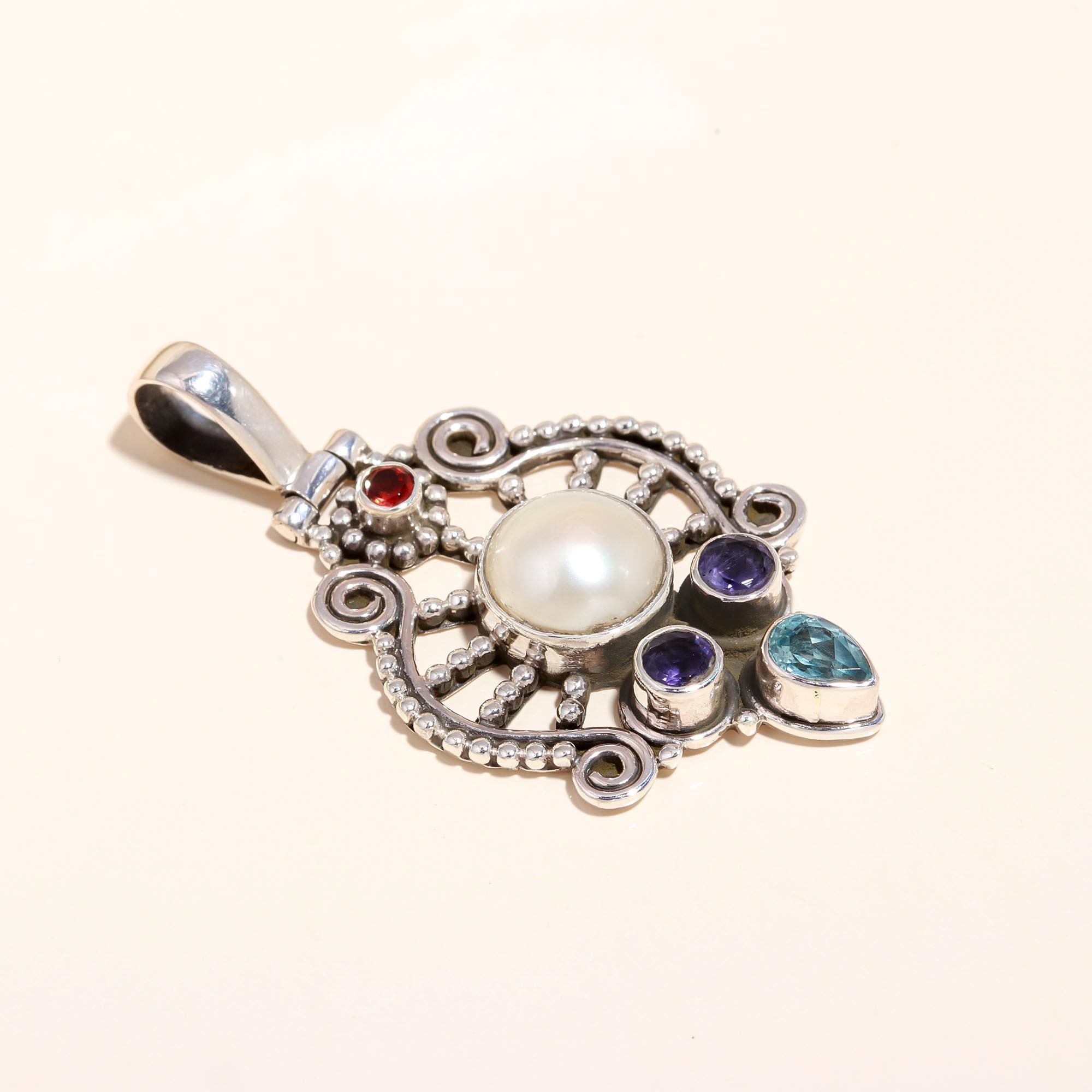 925 Sterling Silver Vintage Pearl & Gemstone Filigree Pendant