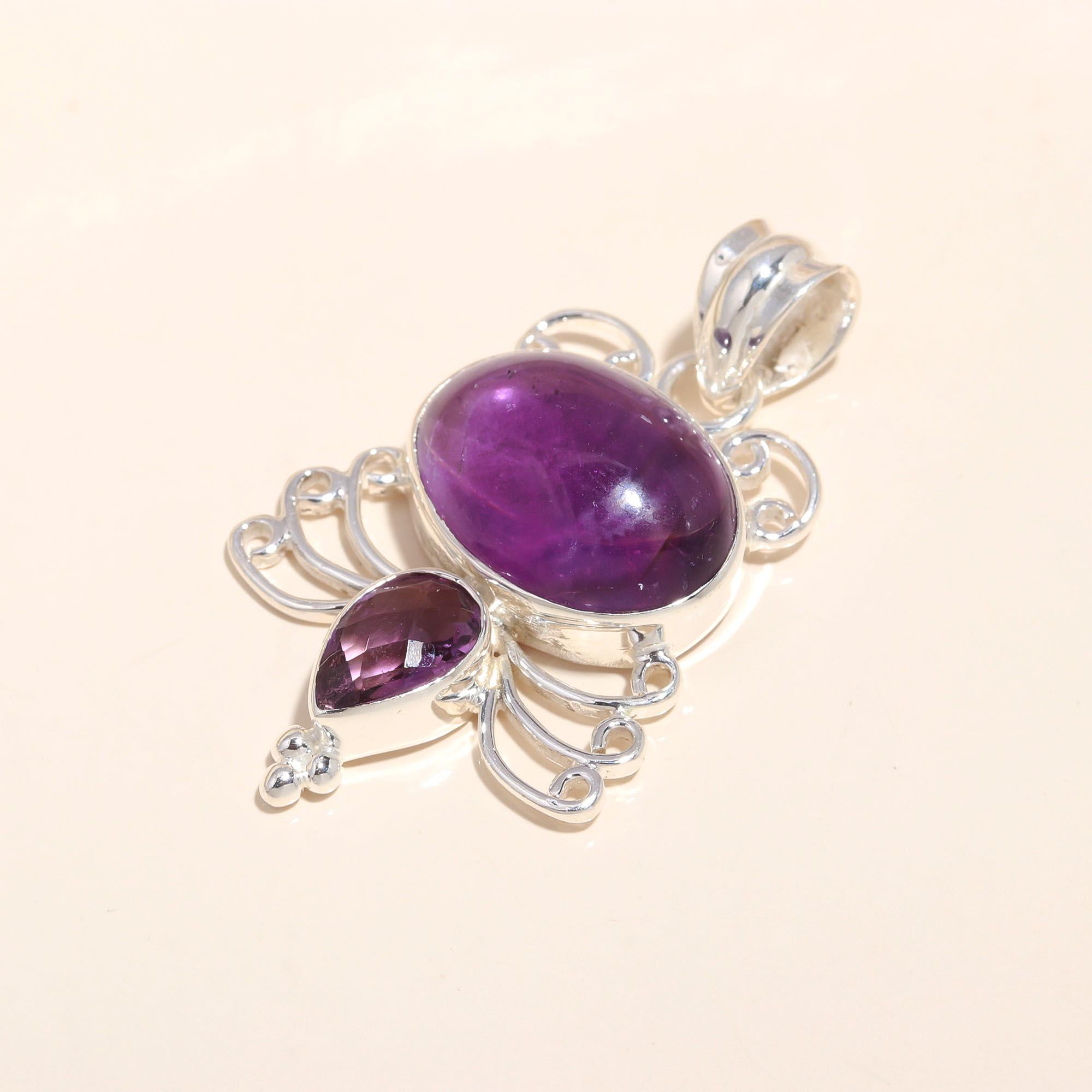 925 Sterling Silver Handmade Vintage Amethyst Filigree Boho Pendant