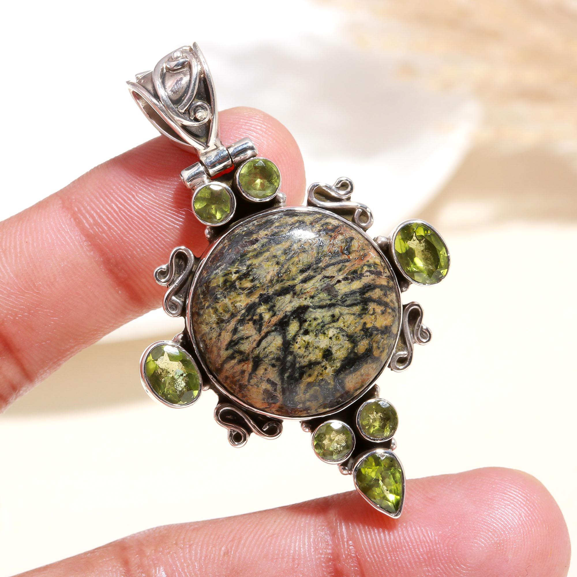 925 Sterling Silver Green Serpentine & Peridot Pendant