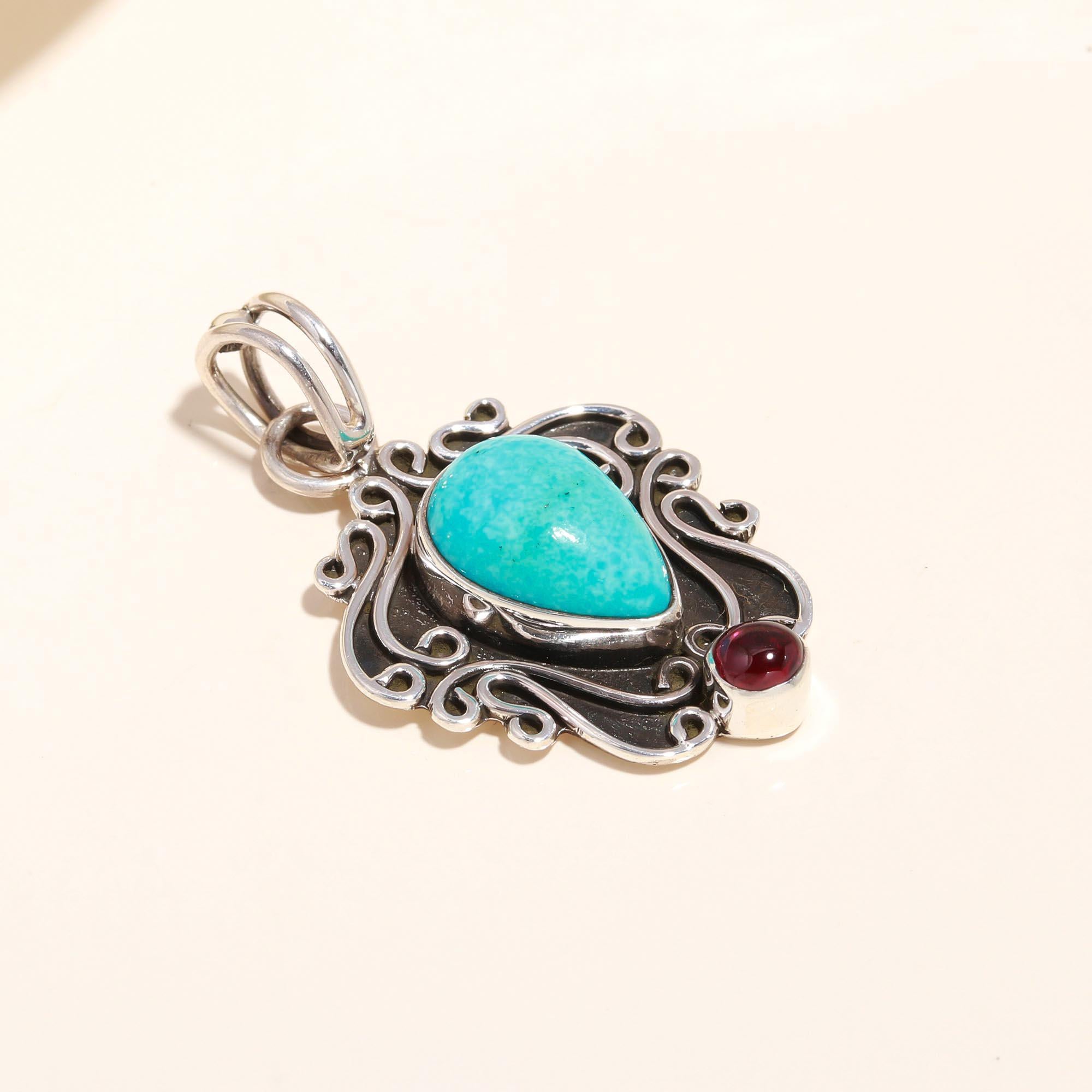 925 Sterling Silver Vintage Turquoise & Garnet Boho Filigree Pendant