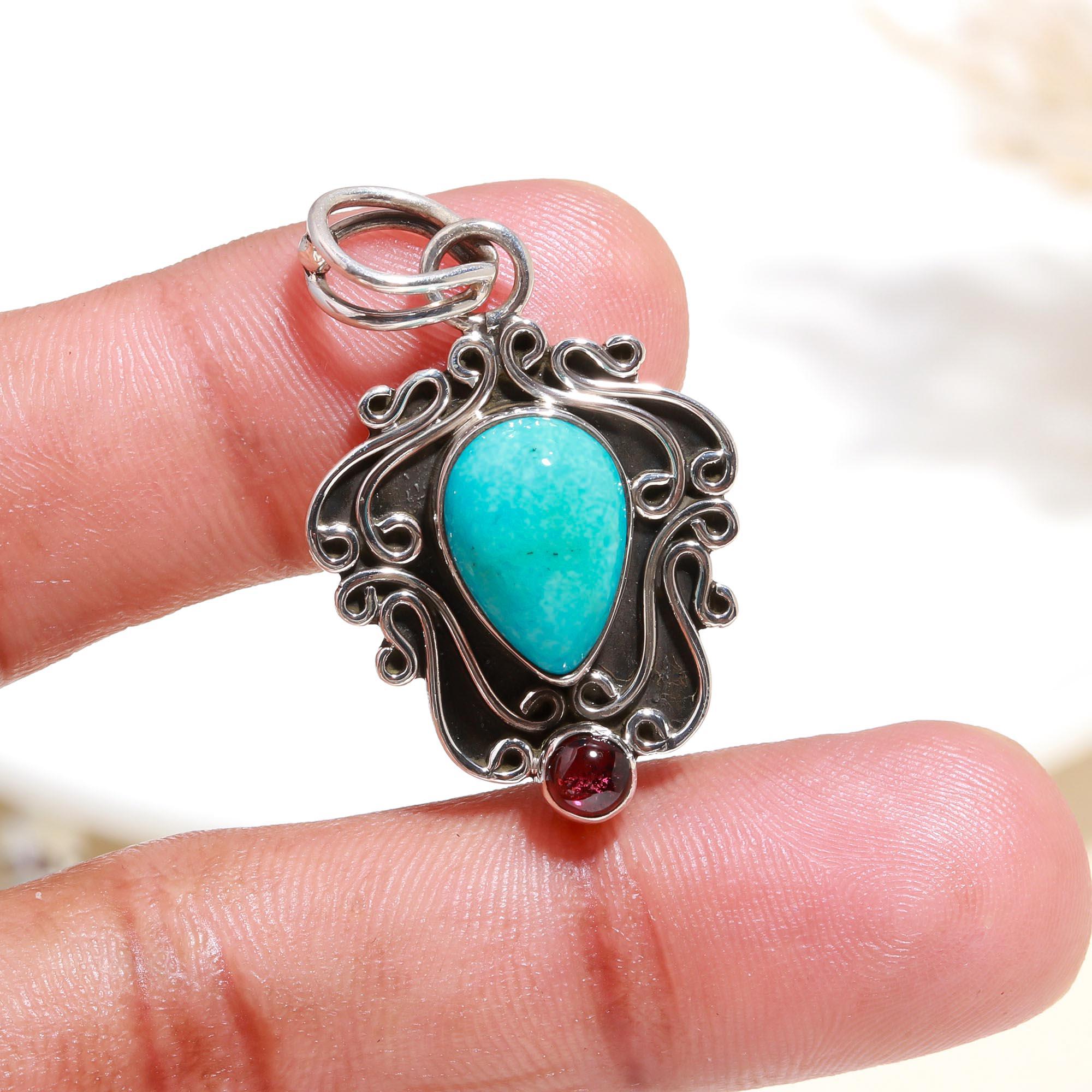 925 Sterling Silver Vintage Turquoise & Garnet Boho Filigree Pendant