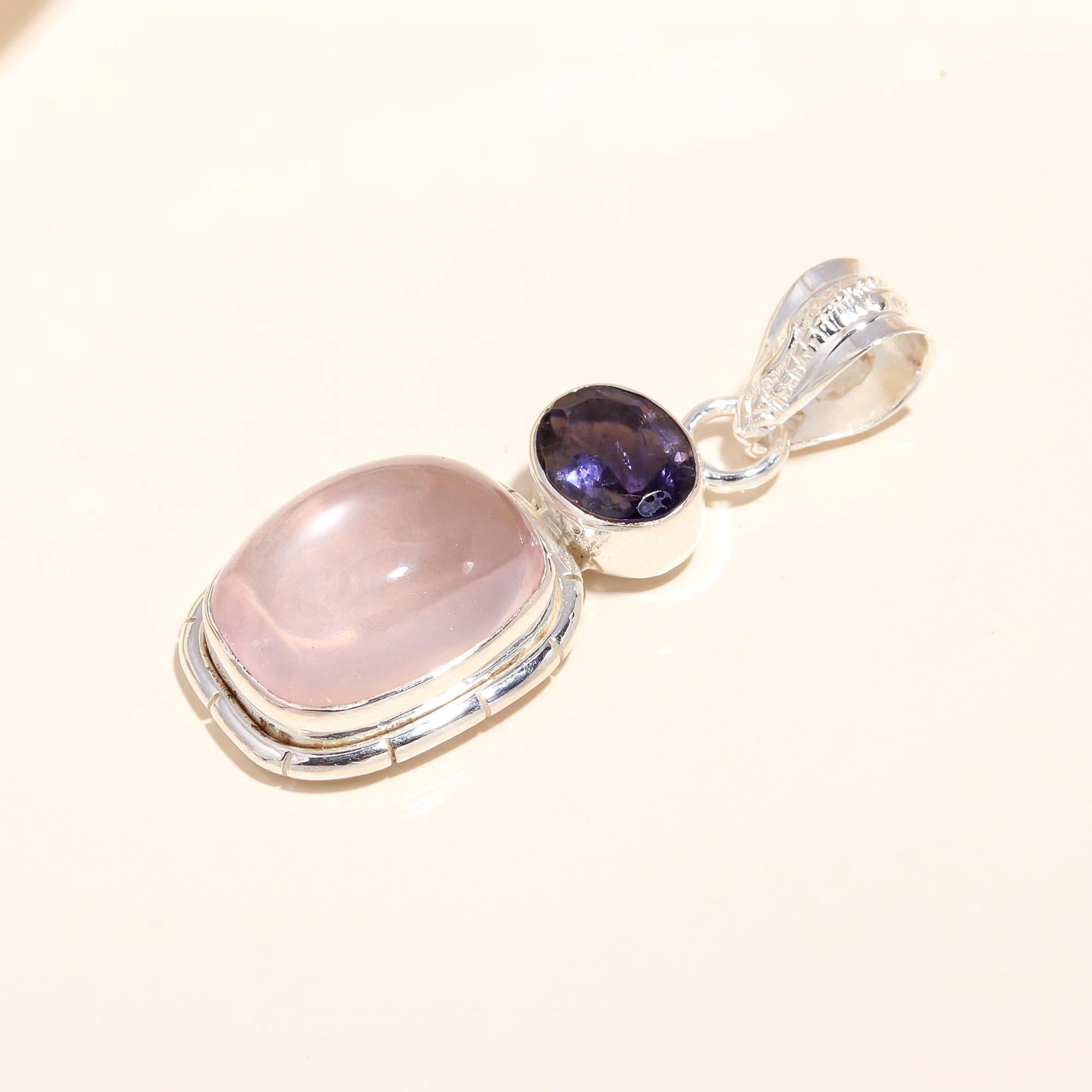 925 Sterling Silver Rose Quartz & Iolite Pendant