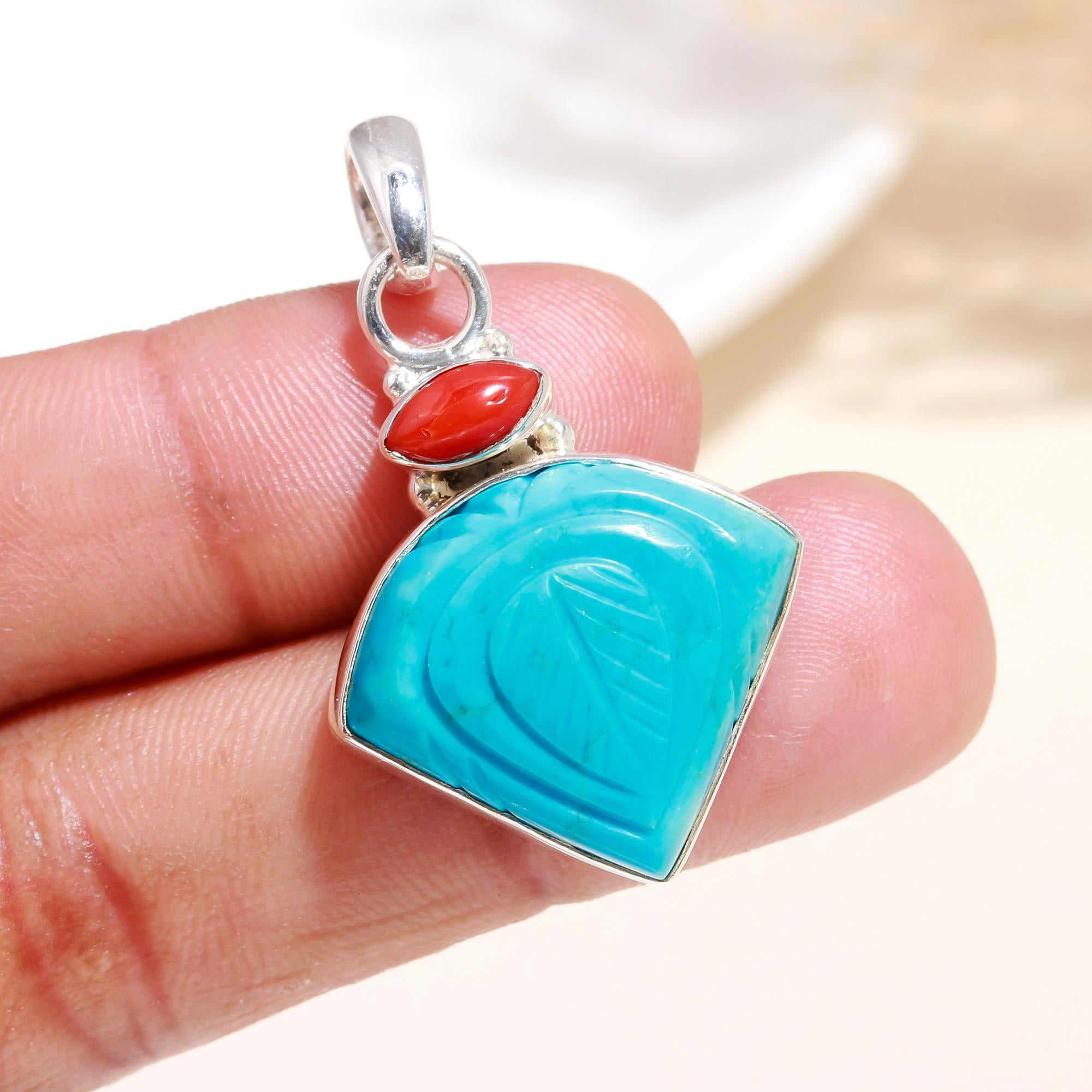 925 Sterling Silver Hand-Carved Turquoise & Coral Pendant
