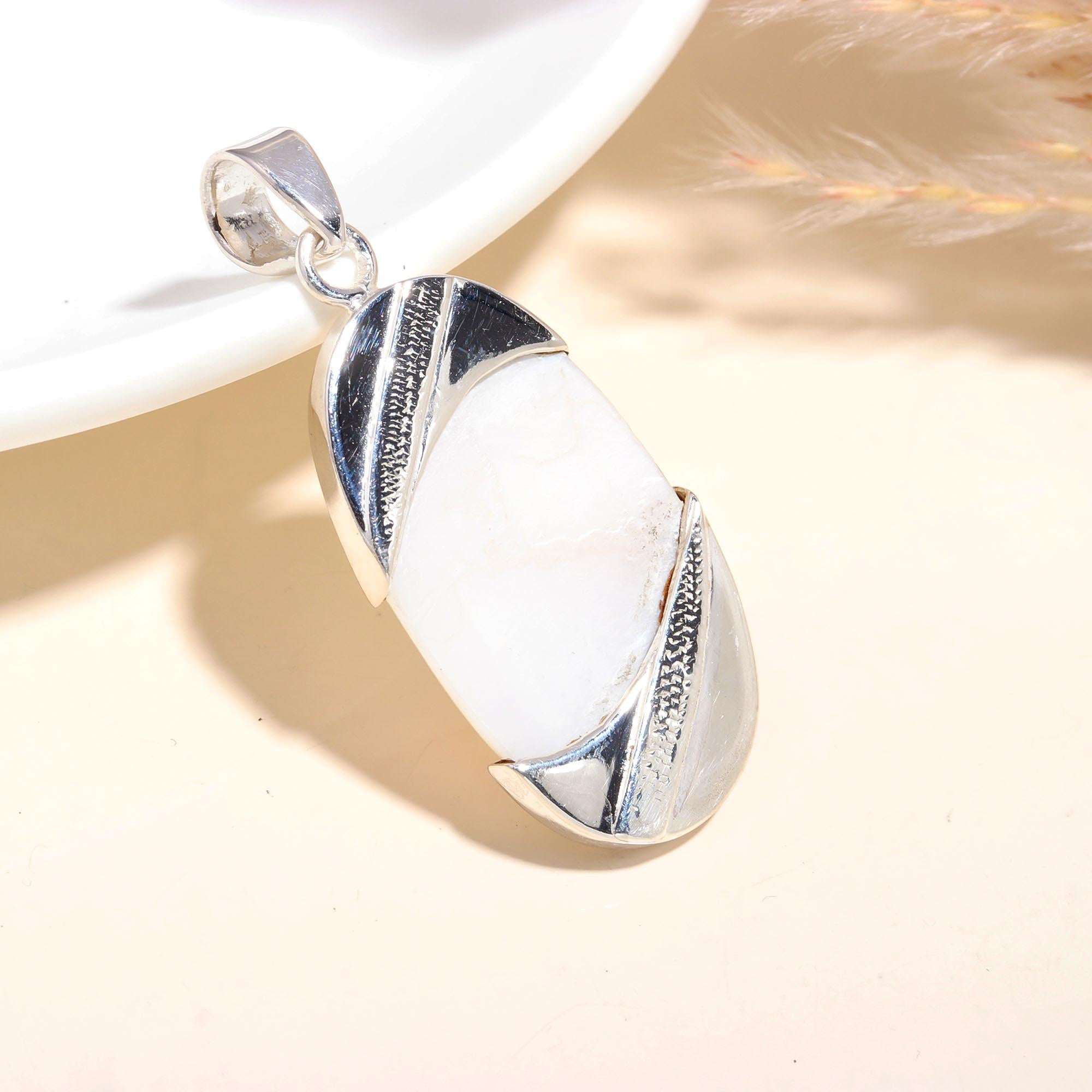 925 Sterling Silver Art Deco Statement White Gemstone Pendant