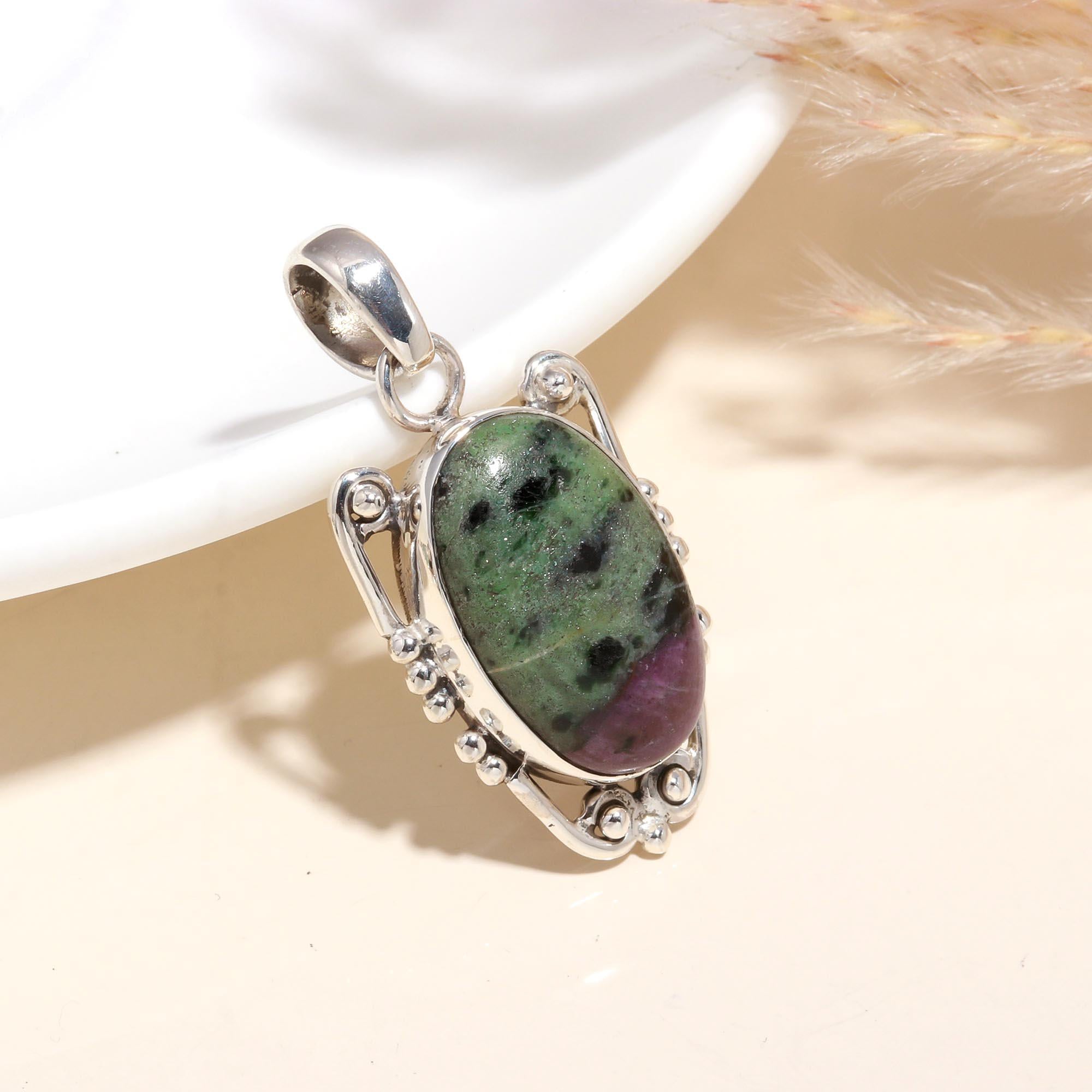 925 Sterling Silver Handmade Ruby Zoisite Statement Pendant