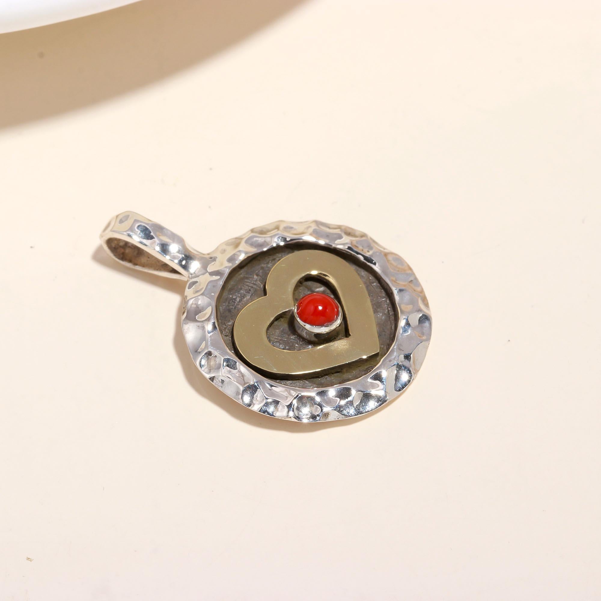 925 Sterling Silver Red Coral Hammered Heart Pendant