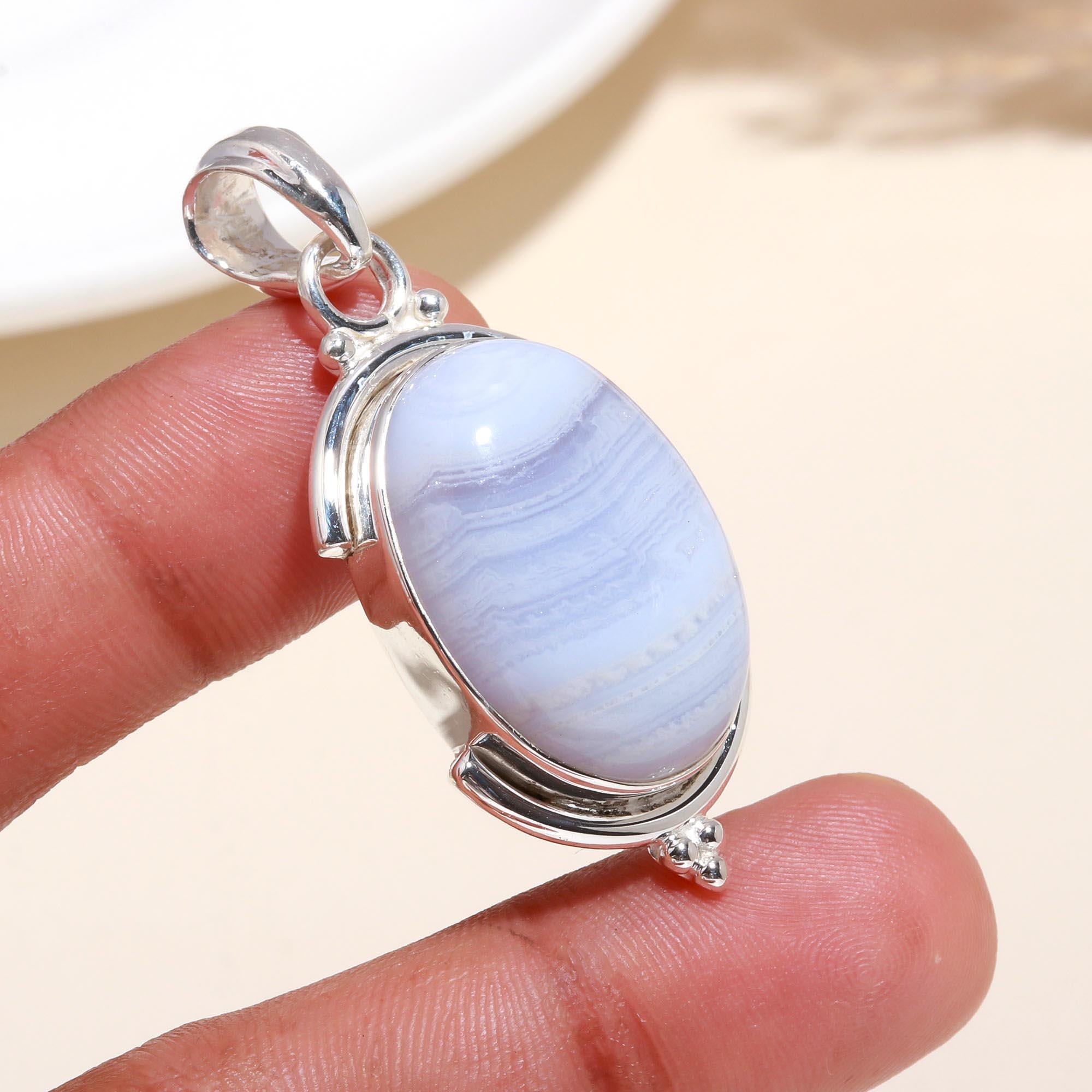 925 Sterling Silver Oval Blue Lace Agate Pendant