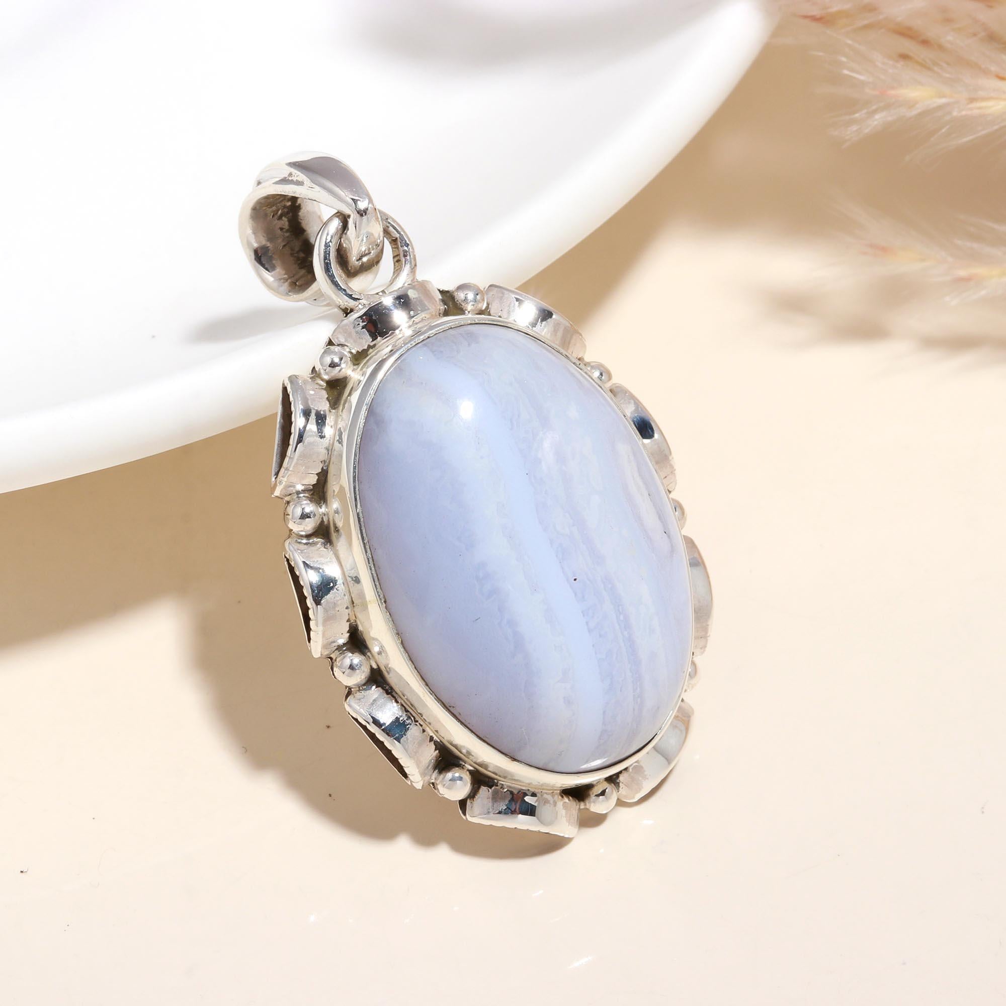 925 Sterling Silver Oval Blue Lace Agate Statement Pendant