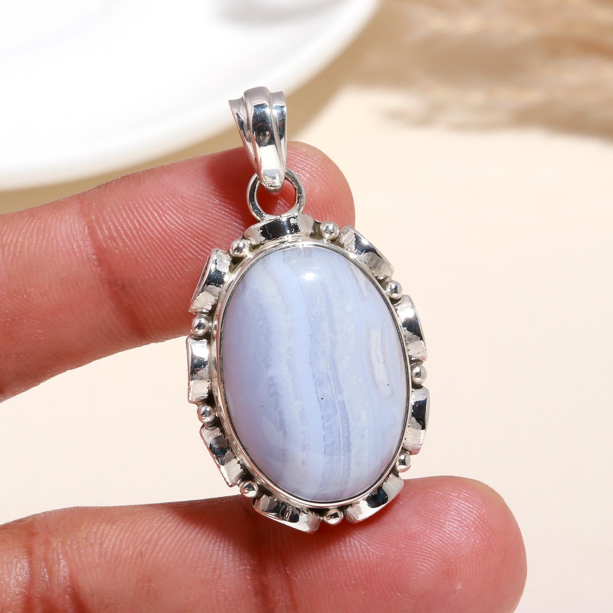 925 Sterling Silver Oval Blue Lace Agate Statement Pendant
