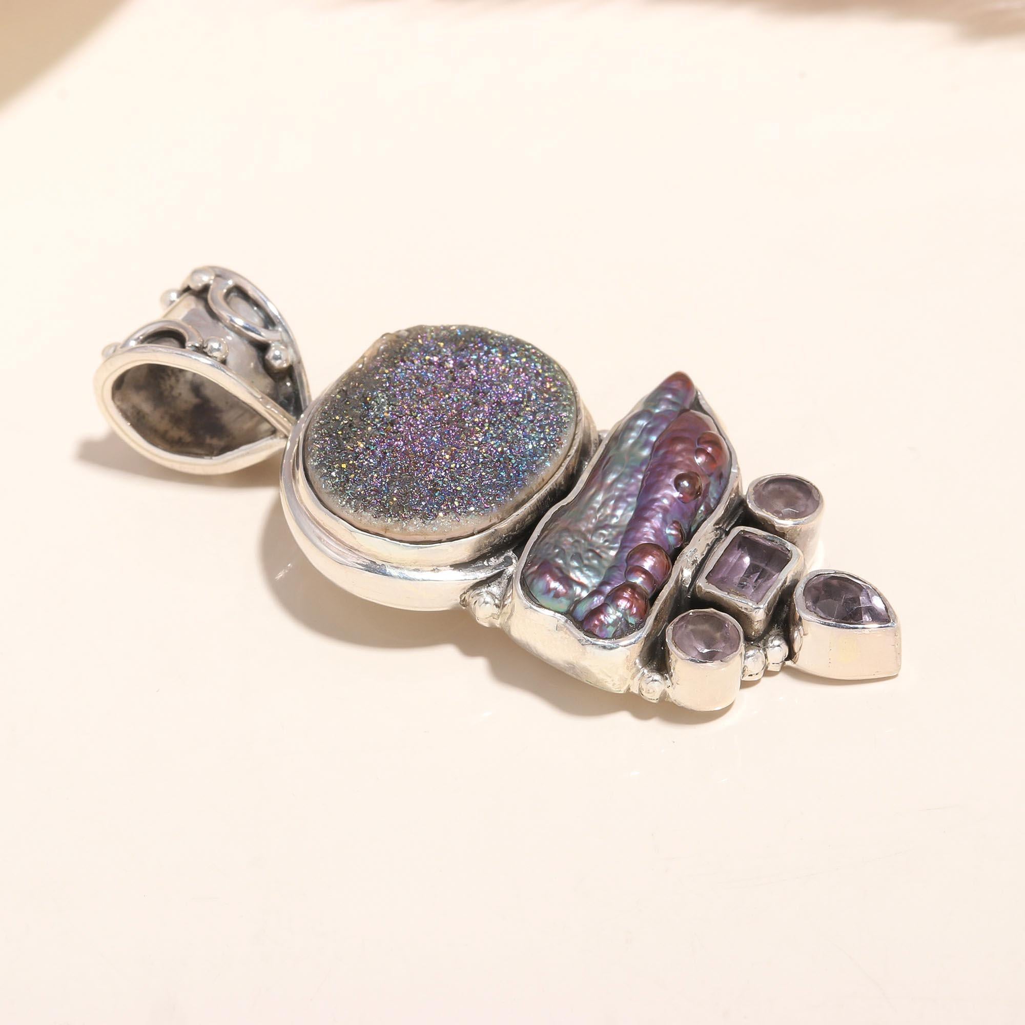 925 Sterling Silver Druzy & Abalone Shell Pendant