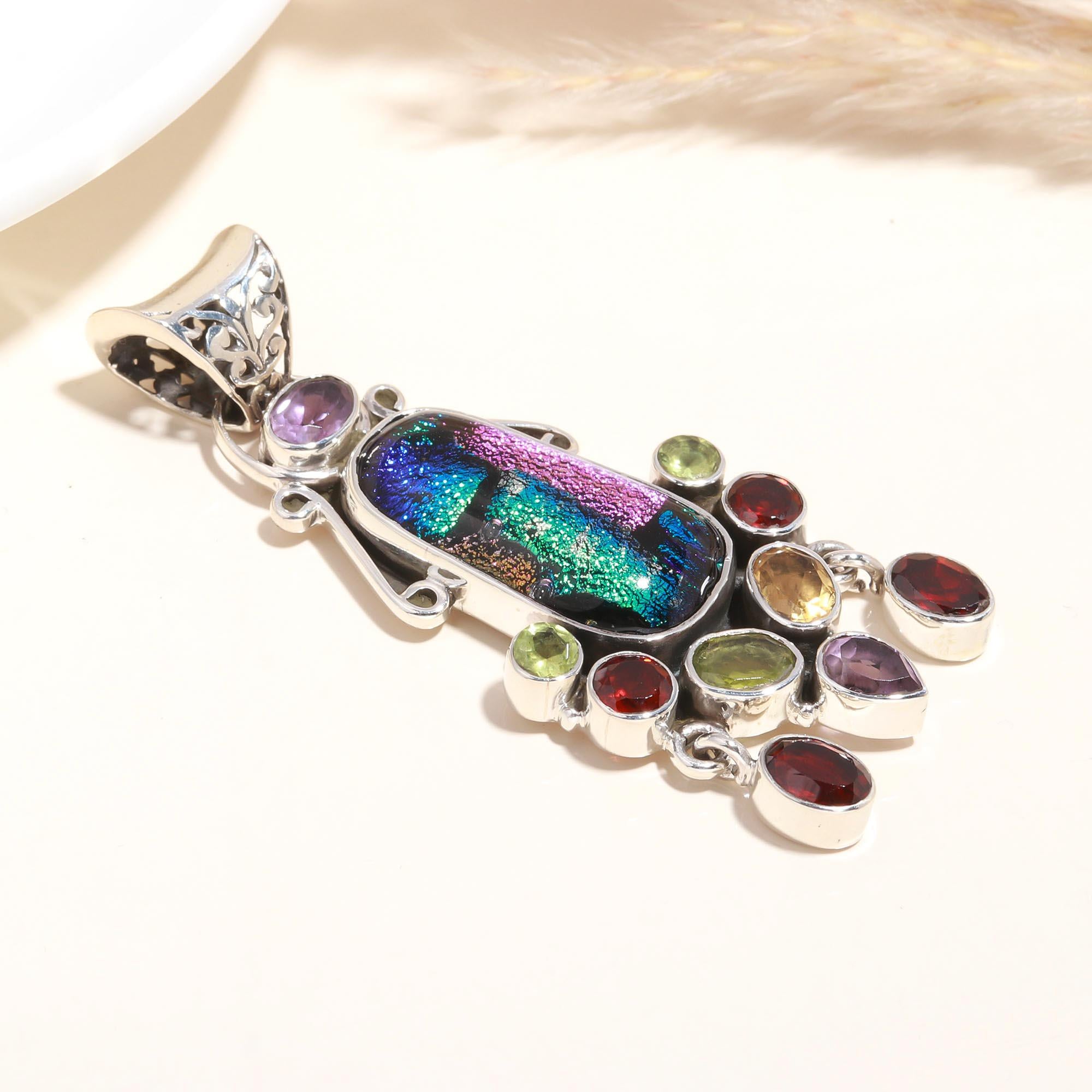 The Aurora: Dichroic Glass Multi-Gemstone Silver Pendant