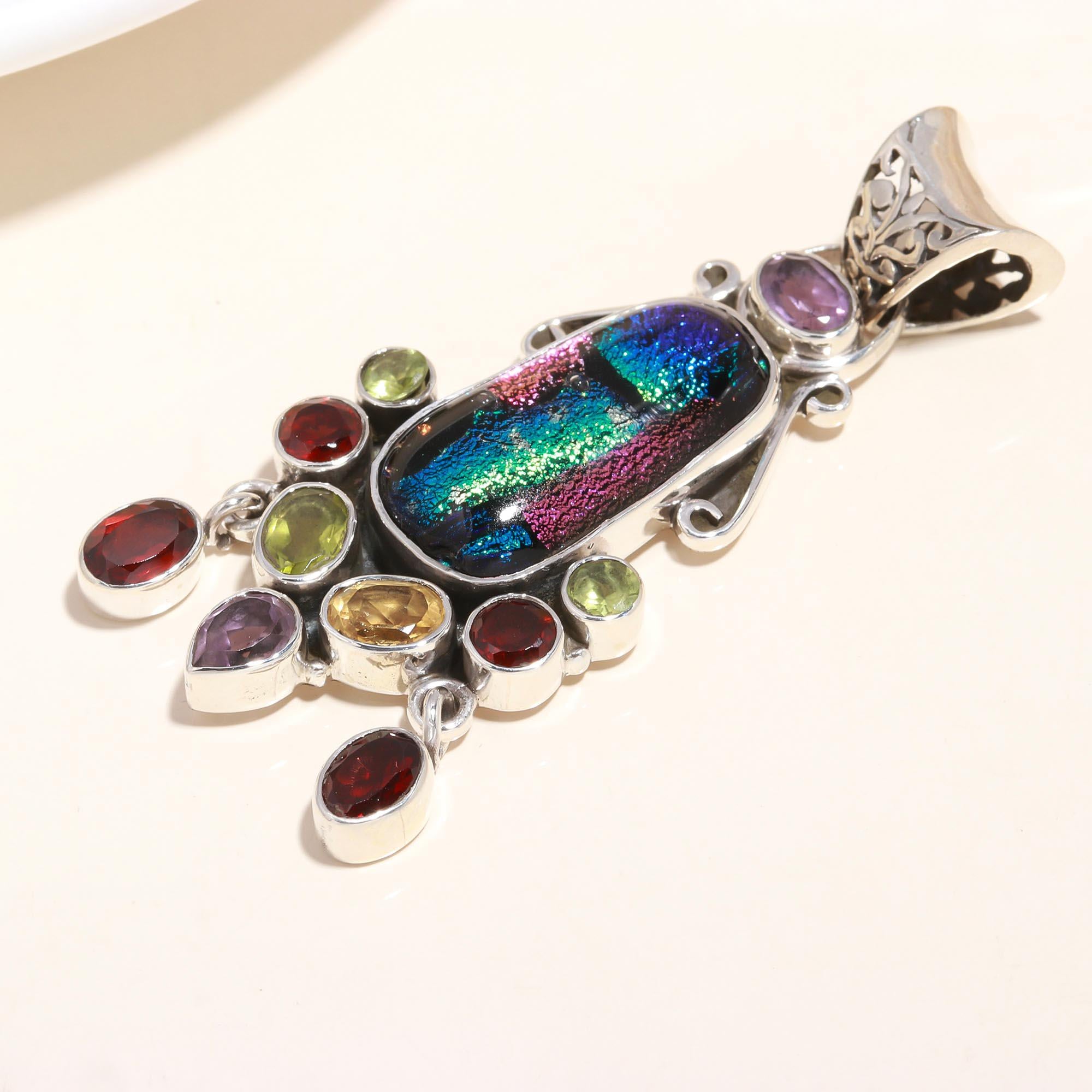 The Aurora: Dichroic Glass Multi-Gemstone Silver Pendant
