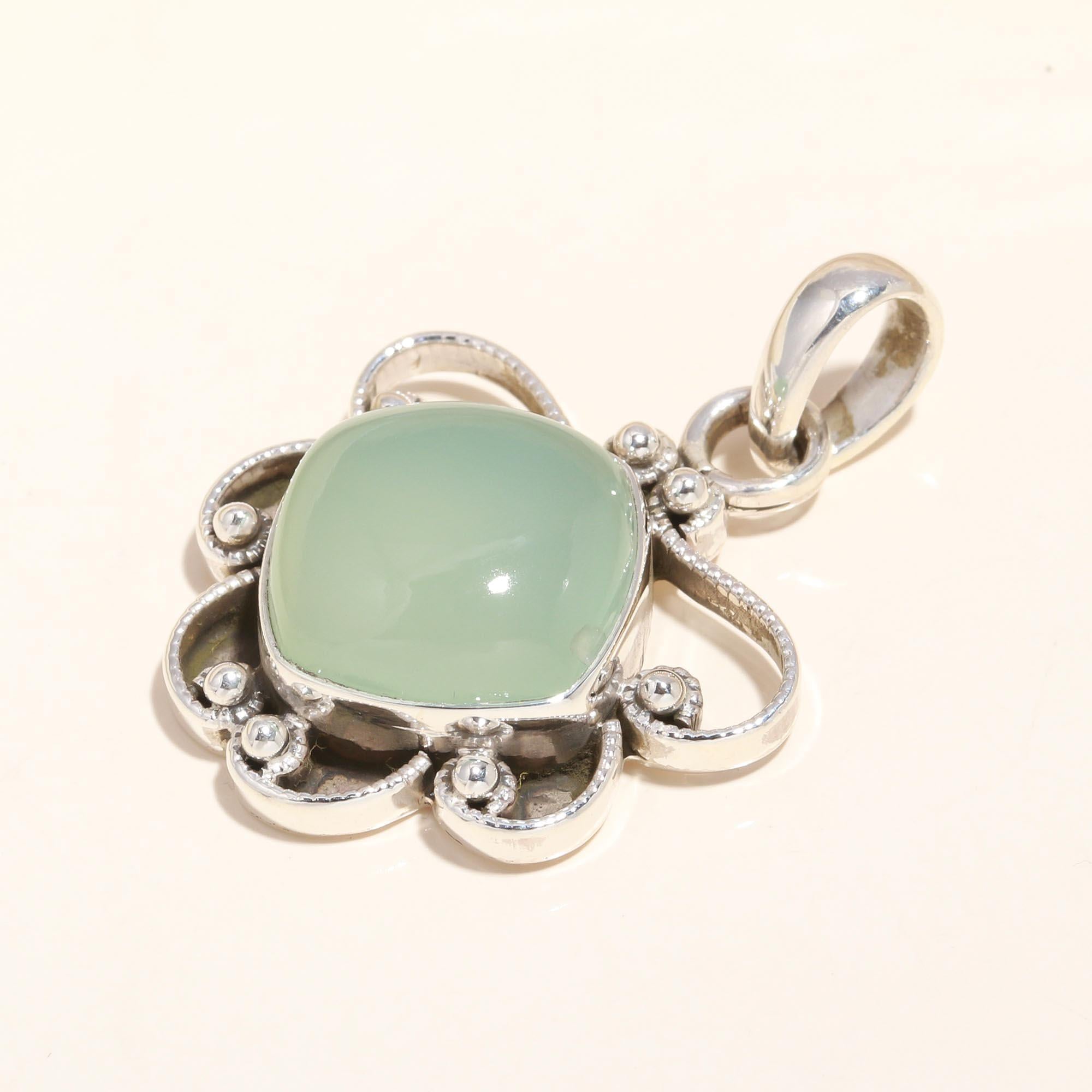 925 Sterling Silver Handmade Green Chalcedony Vintage Filigree Boho Pendant