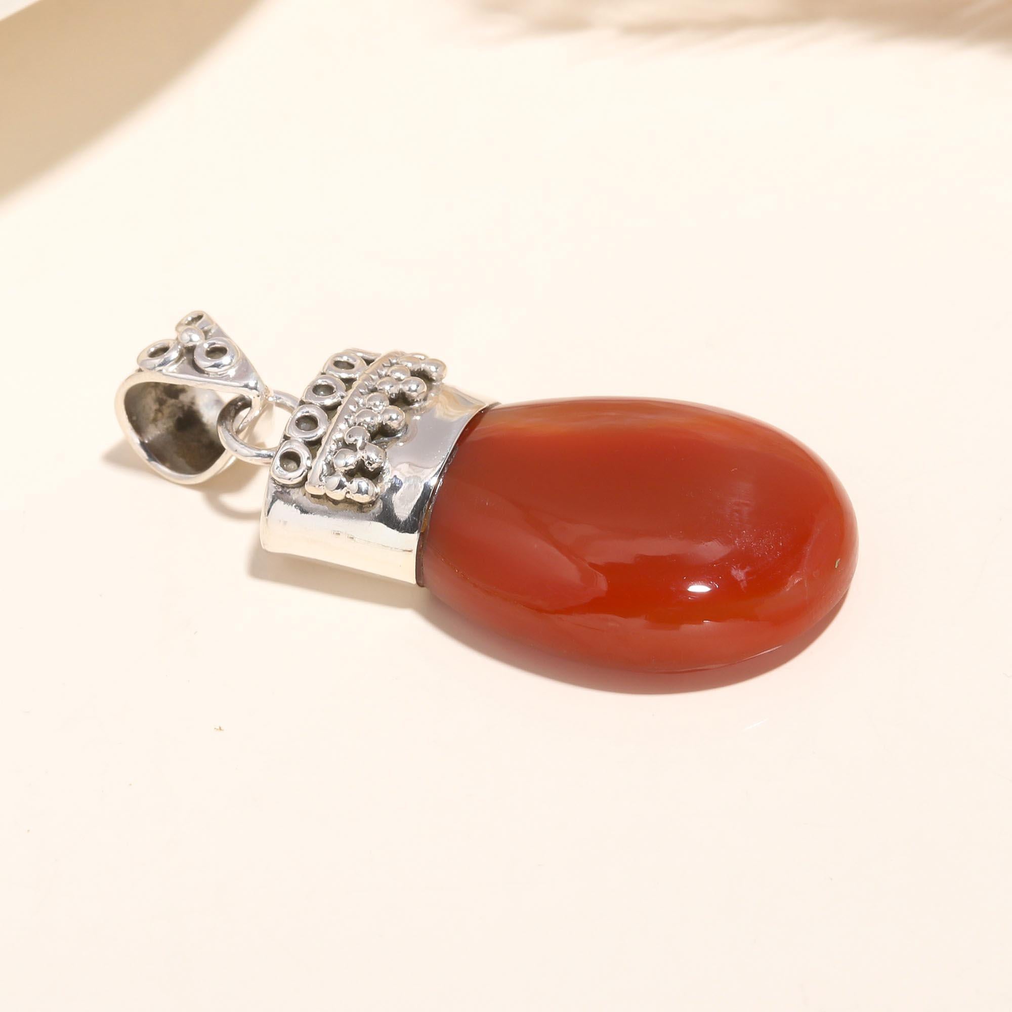 925 Sterling Silver Handmade Vintage Boho Carnelian Teardrop Pendant