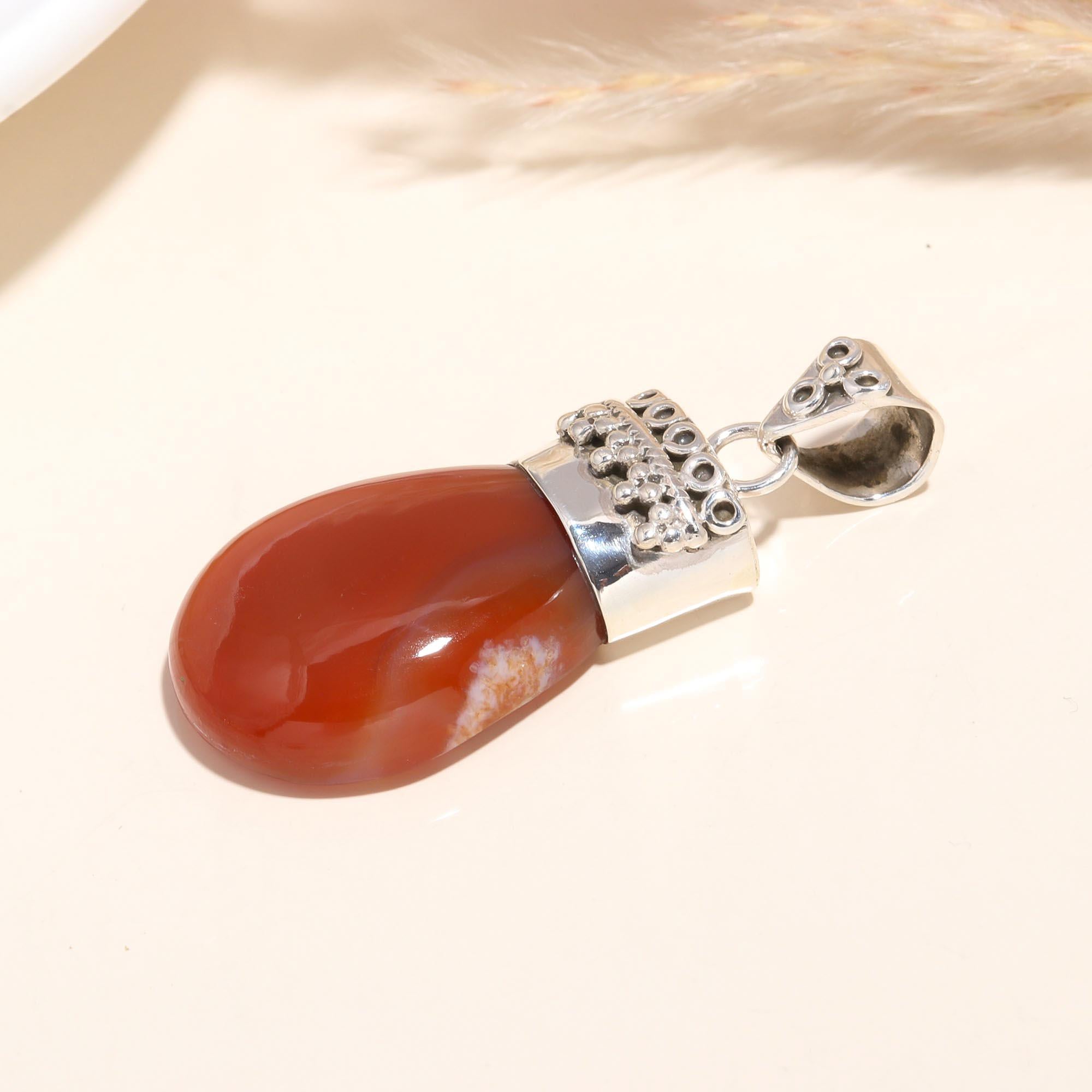 925 Sterling Silver Handmade Vintage Boho Carnelian Teardrop Pendant