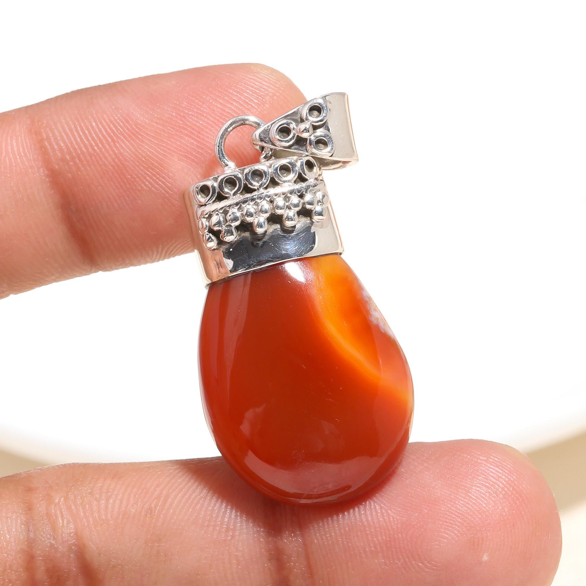 925 Sterling Silver Handmade Vintage Boho Carnelian Teardrop Pendant