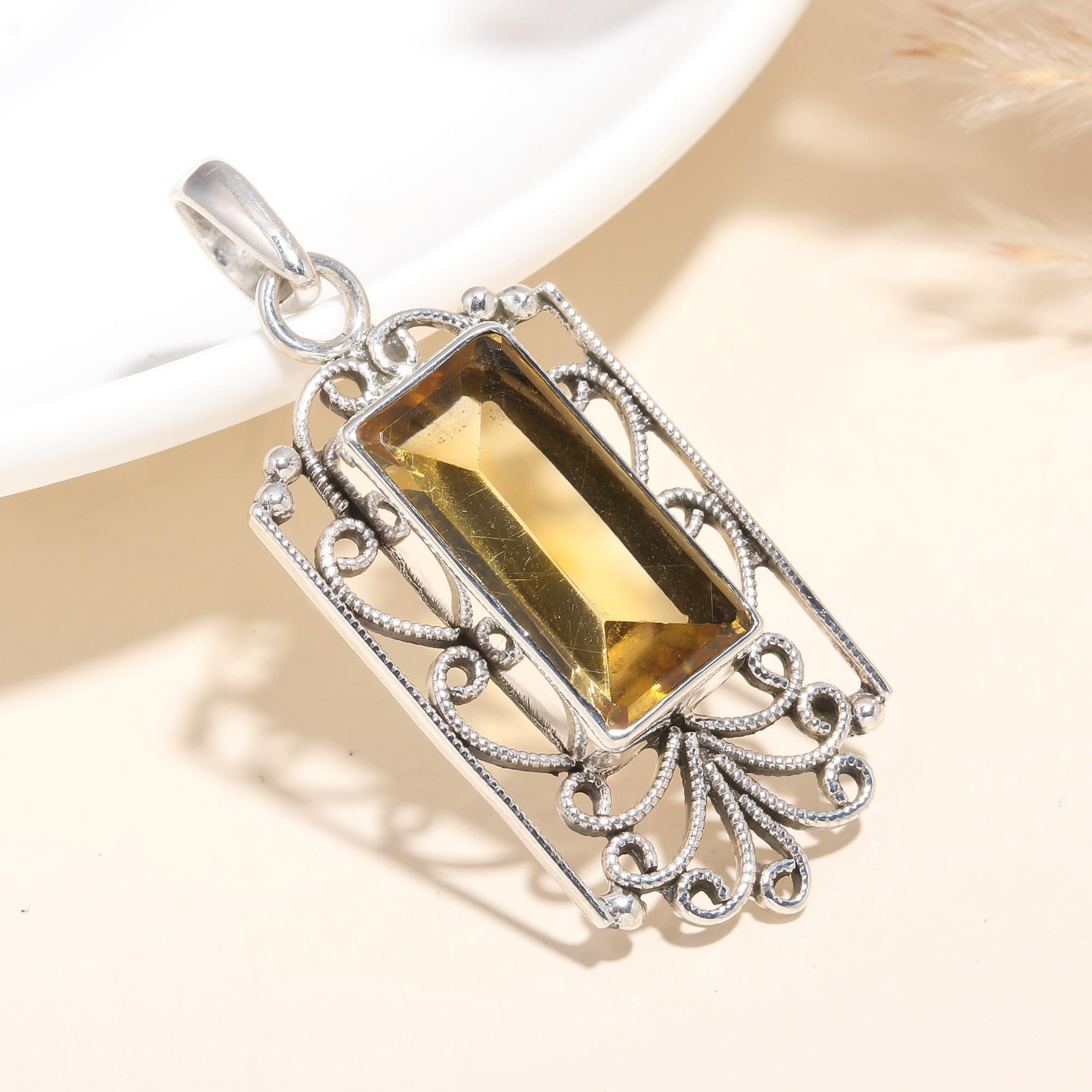 925 Sterling Silver Handmade Vintage Citrine Filigree Pendant