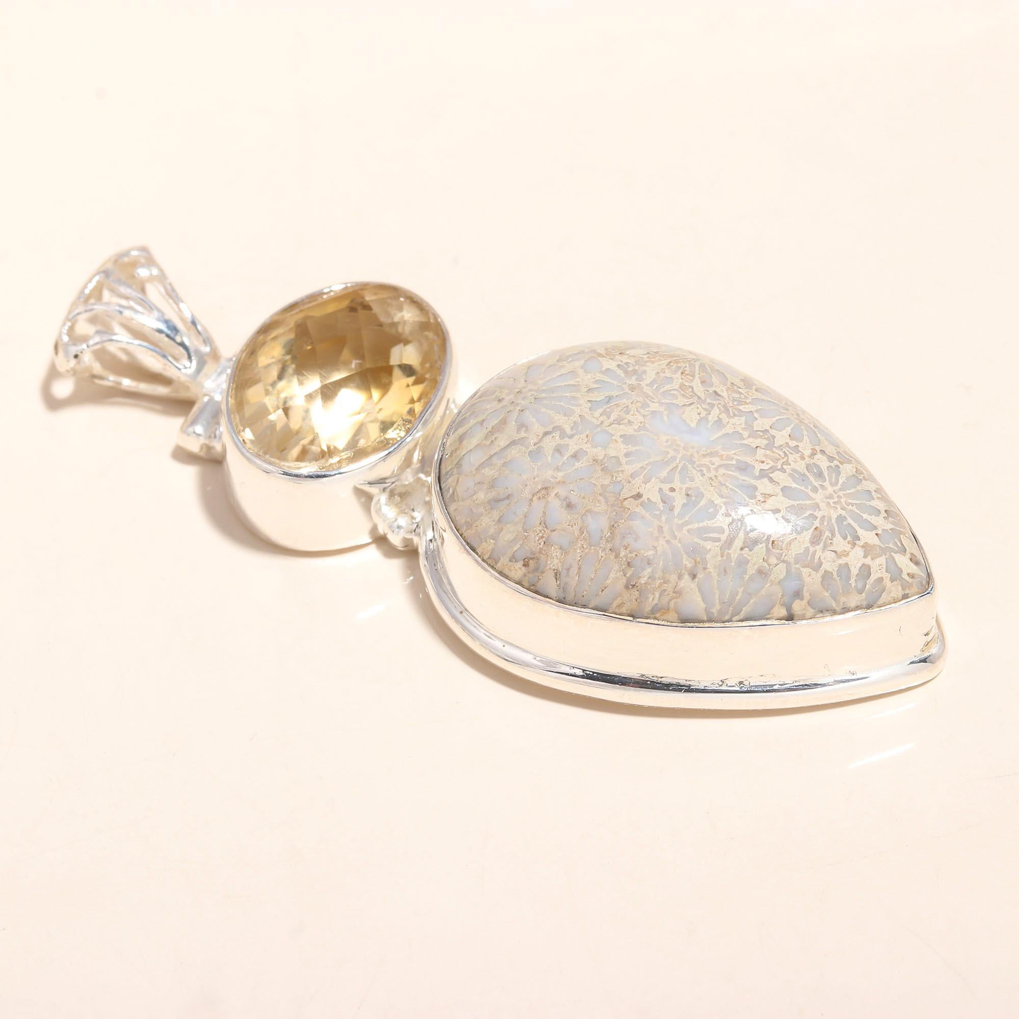 925 Sterling Silver Handmade Fossil Coral & Citrine Pendant