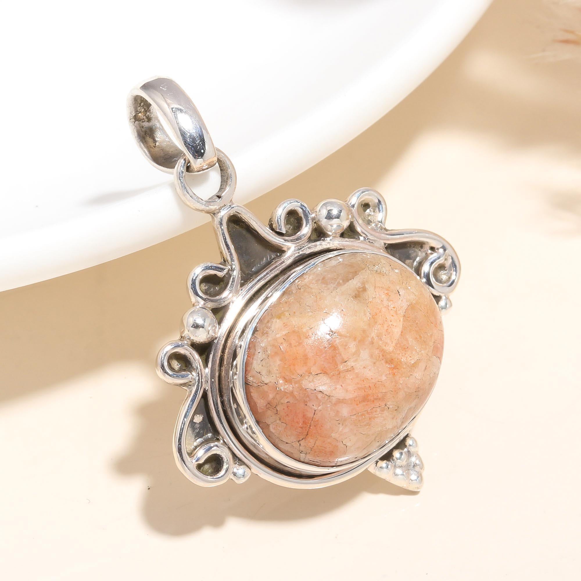 925 Sterling Silver Natural Crystal Sunstone Pendant