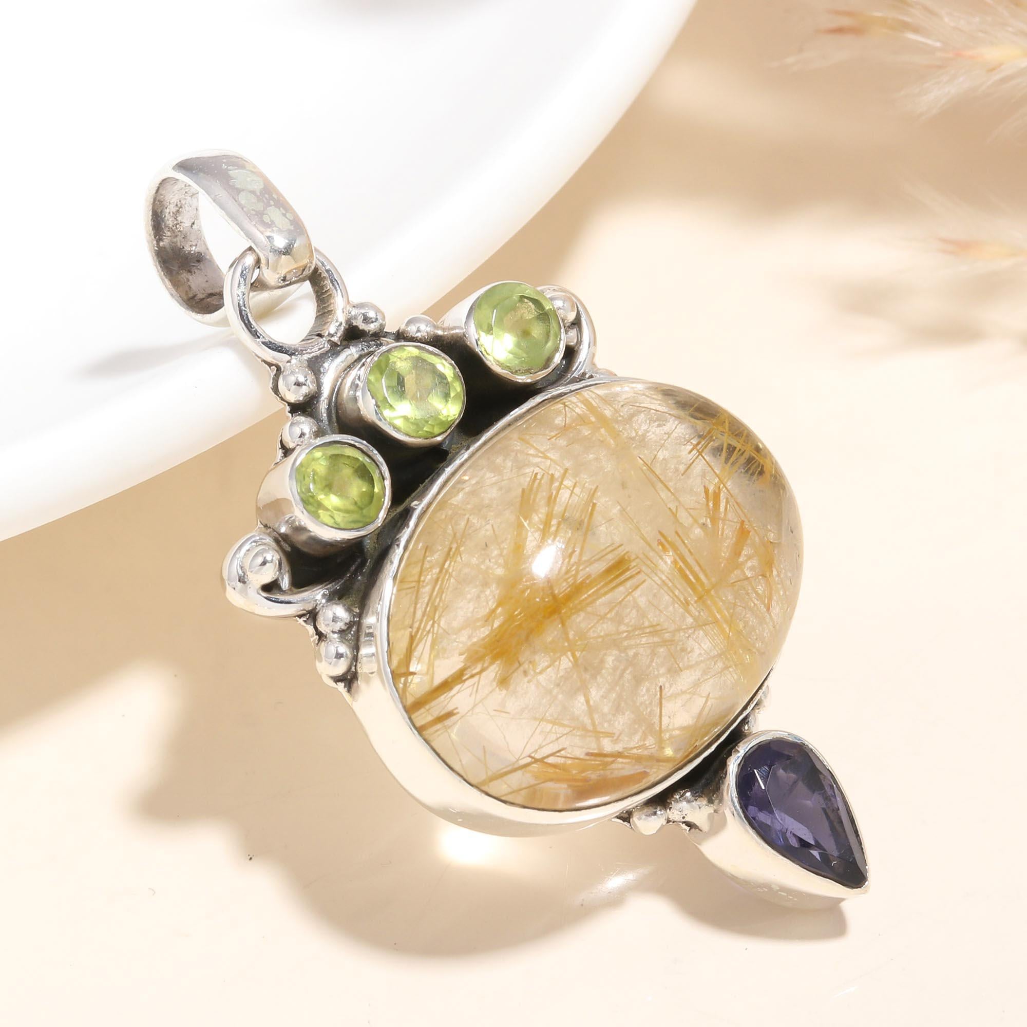 925 Sterling Silver Rutilated Quartz with Peridot & Iolite Gemstone Pendant
