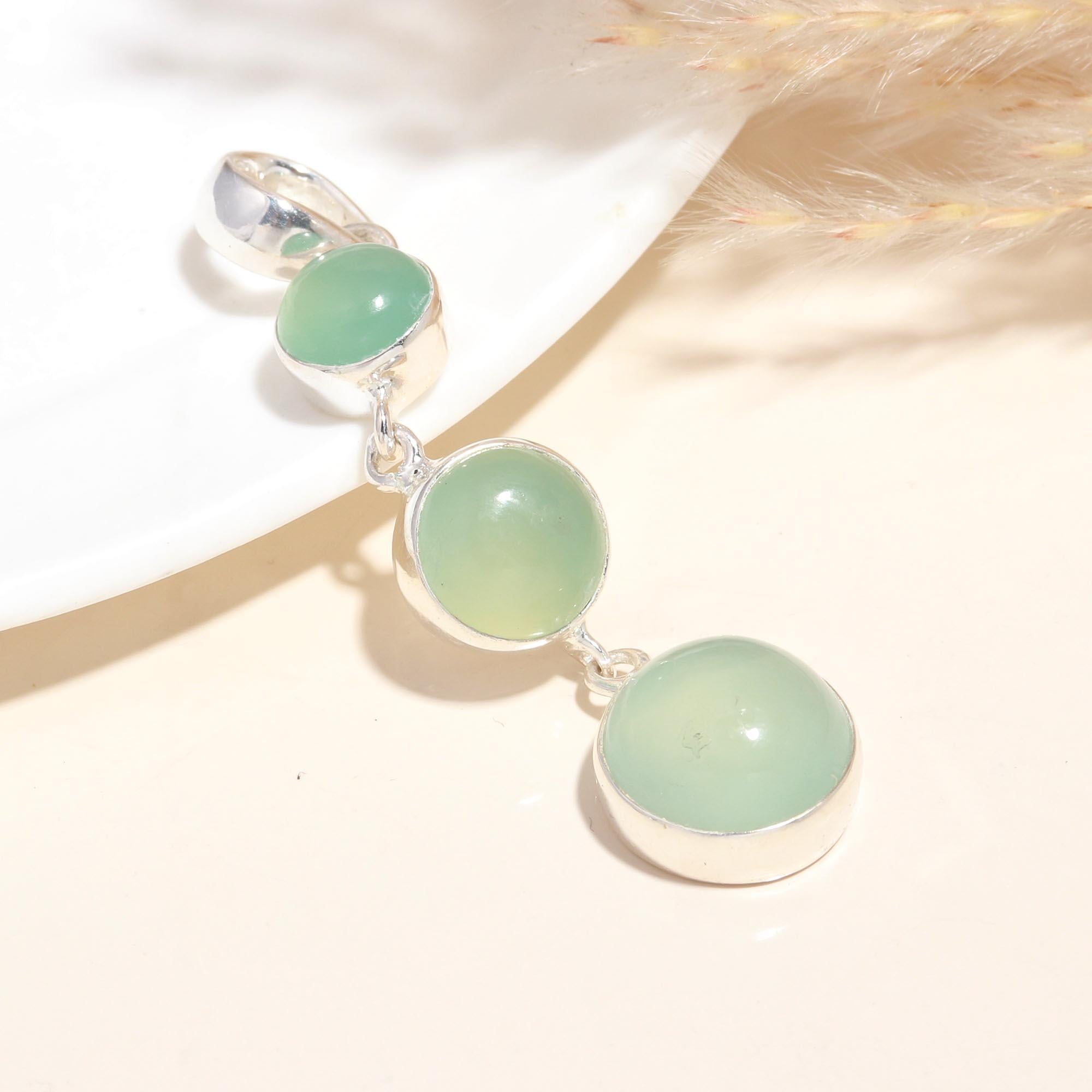 925 Sterling Silver Natural Green Chalcedony Dangle Pendant