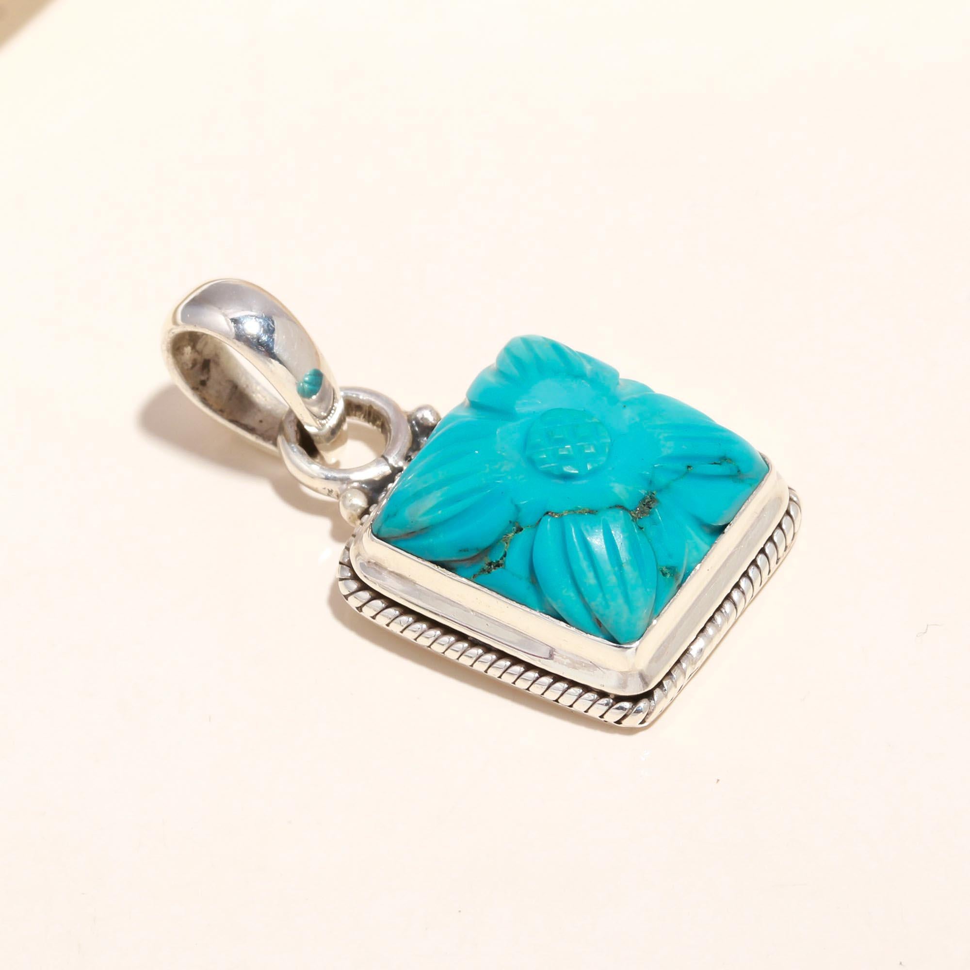 925 Sterling Silver Floral-Inspired Design Carved Turquoise Pendant