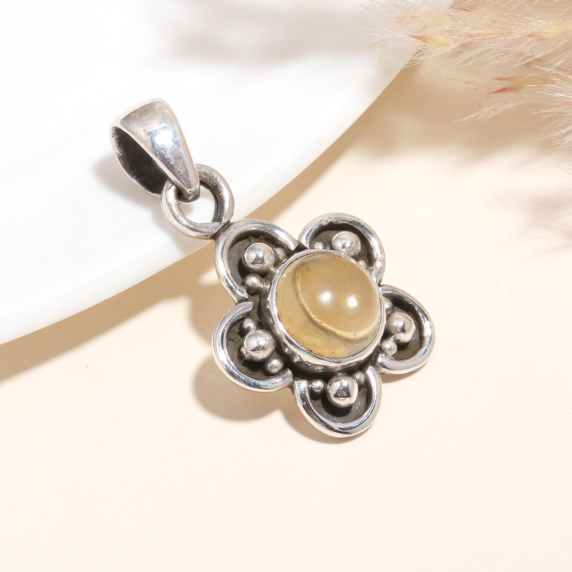 925 Sterling Silver Golden Gemstone Floral Boho Pendant