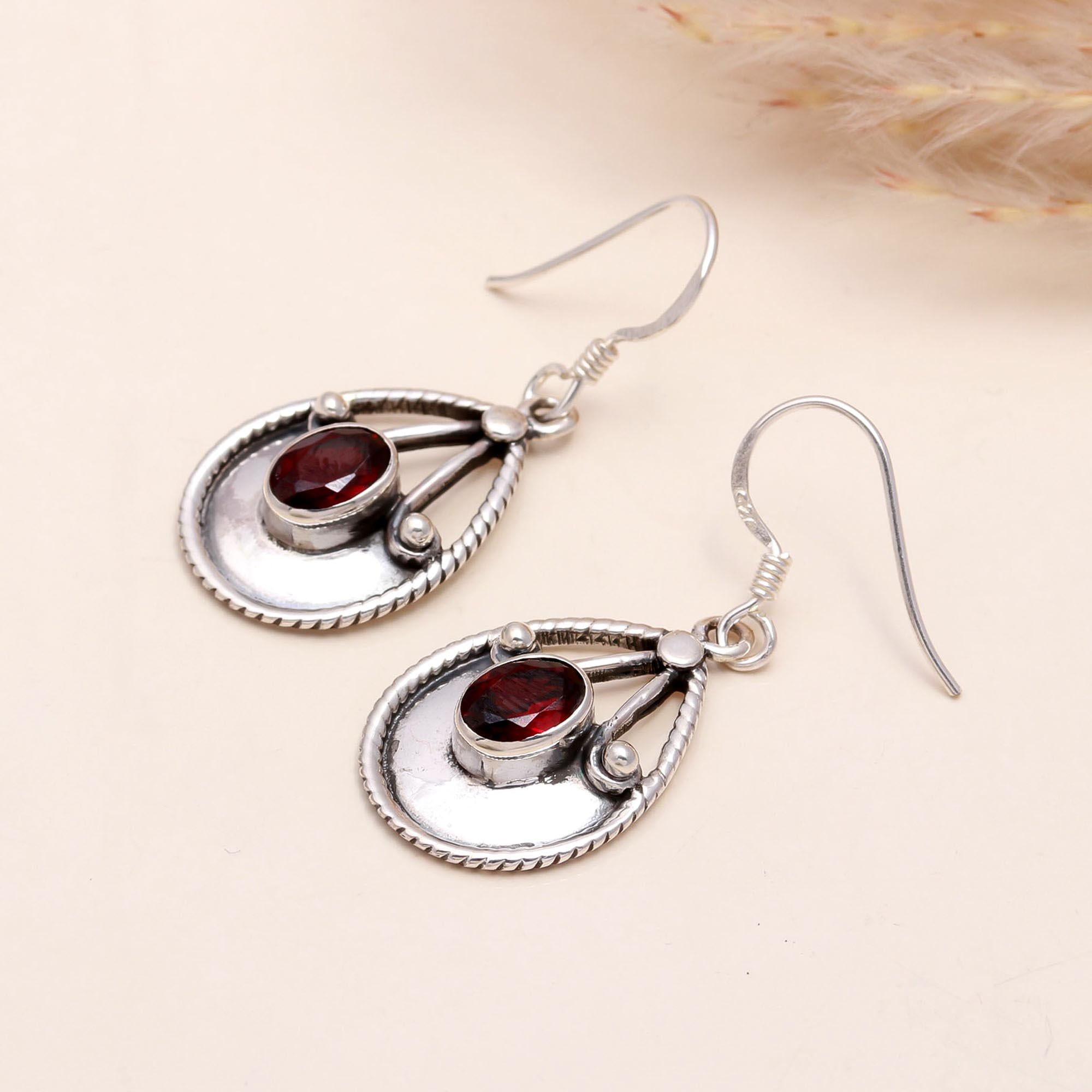 925 Sterling Silver Garnet Teardrop Dangle Handmade Boho Earrings