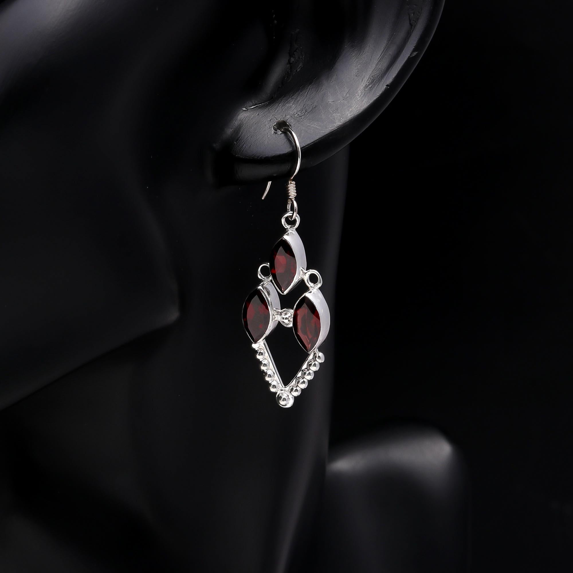 925 Sterling Silver Boho Vintage Handmade Garnet Dangle Earrings