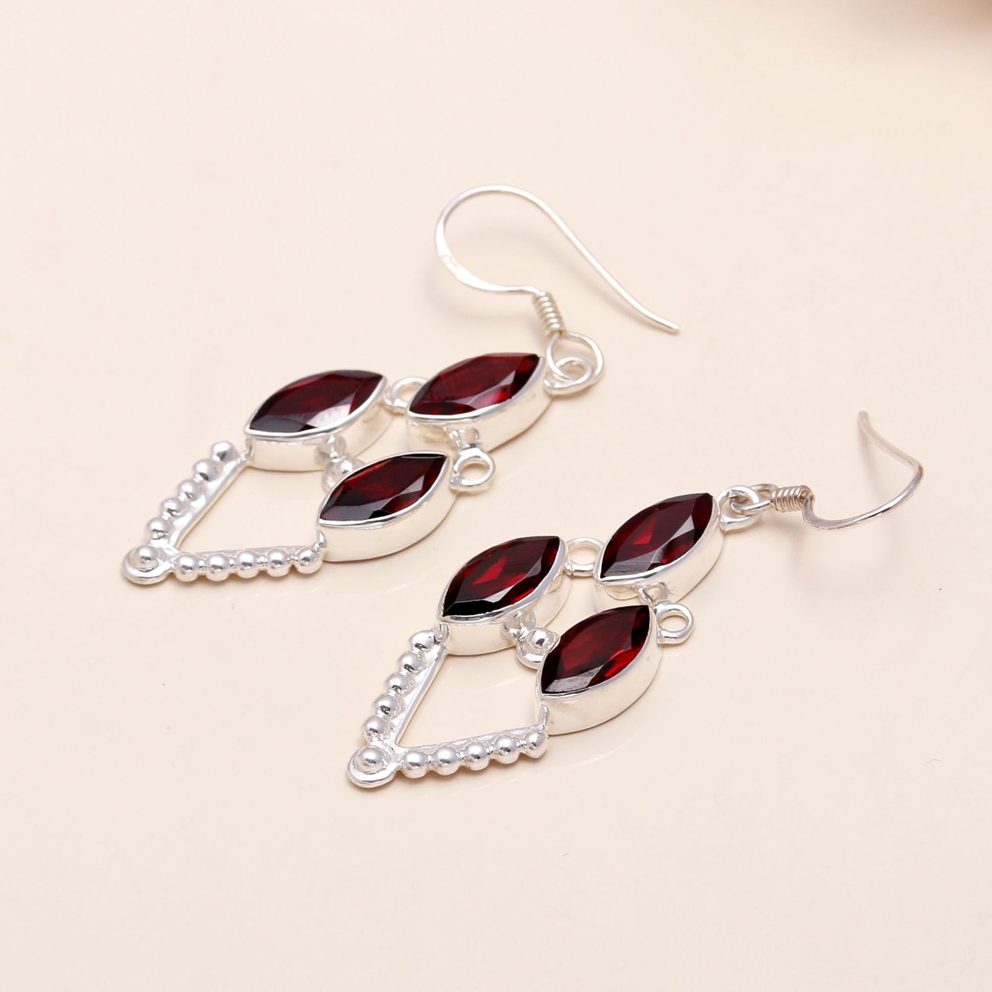 925 Sterling Silver Boho Vintage Handmade Garnet Dangle Earrings