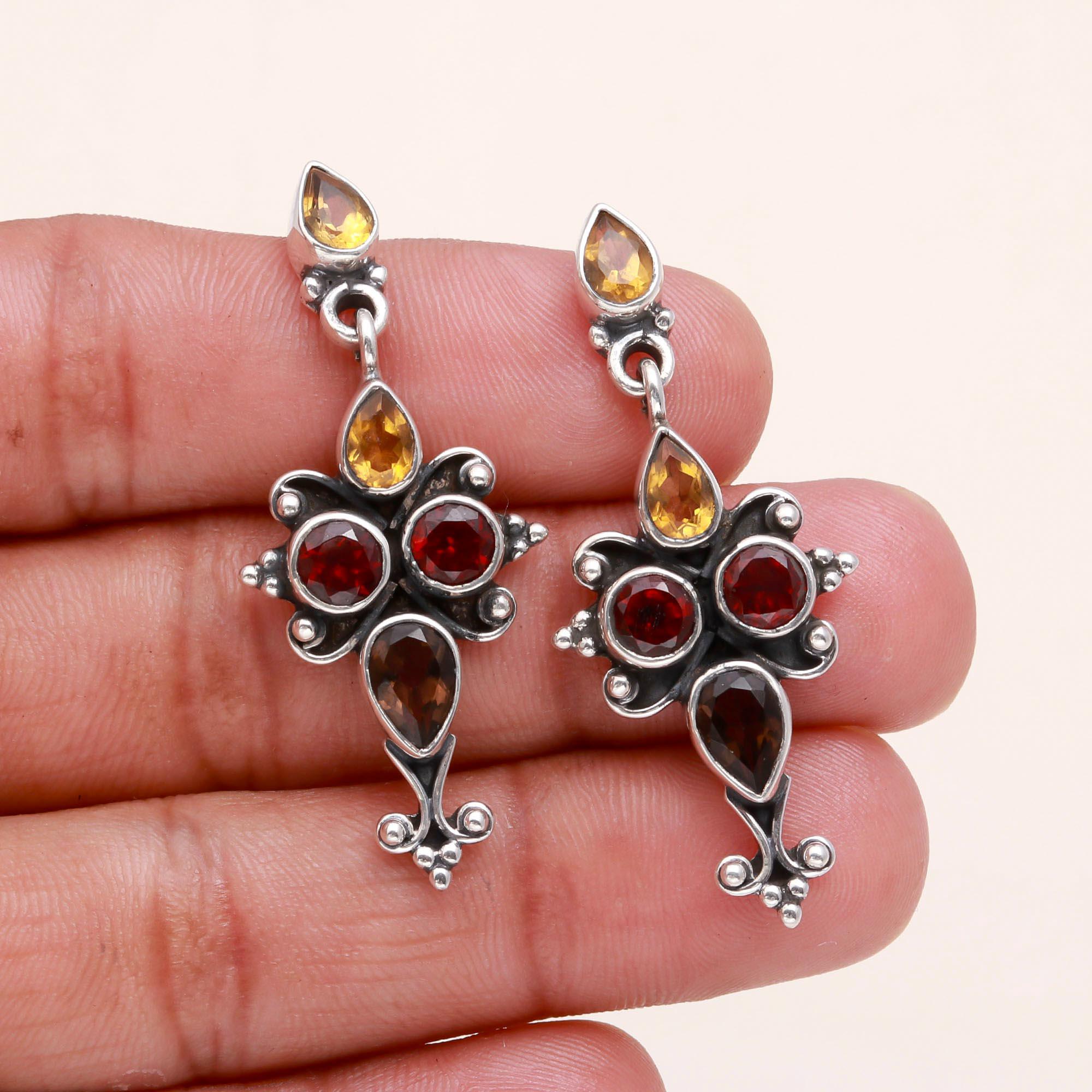 925 Sterling Silver Vintage Garnet & Citrine Dangle Earrings