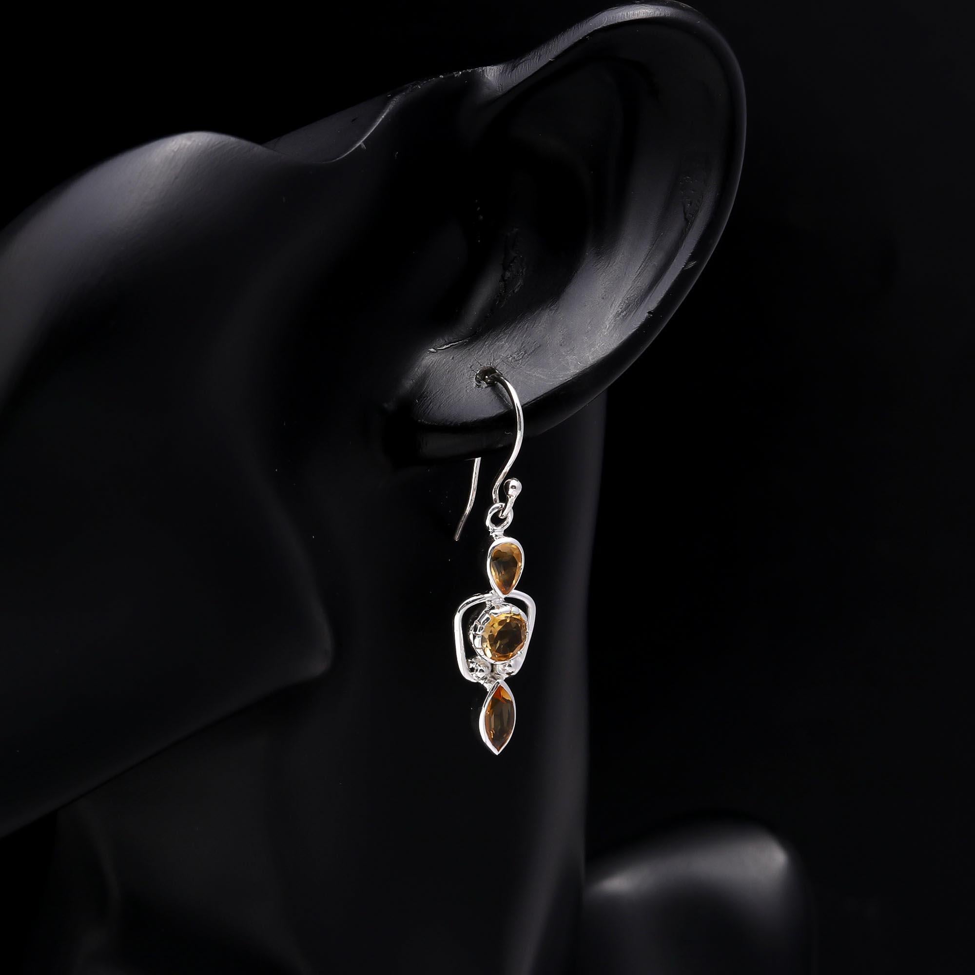 925 Sterling Silver Citrine Unique Dangle Earrings
