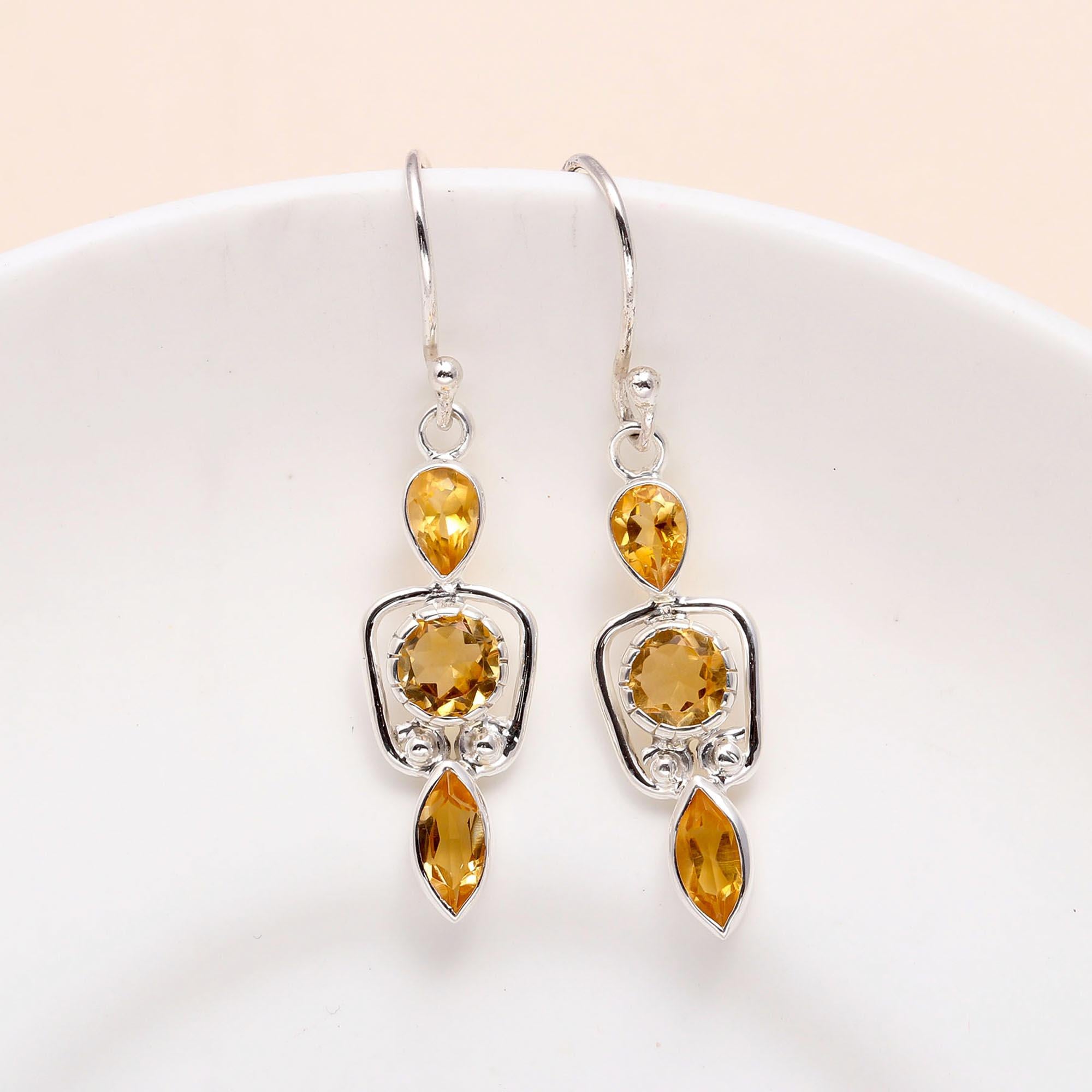 925 Sterling Silver Citrine Unique Dangle Earrings