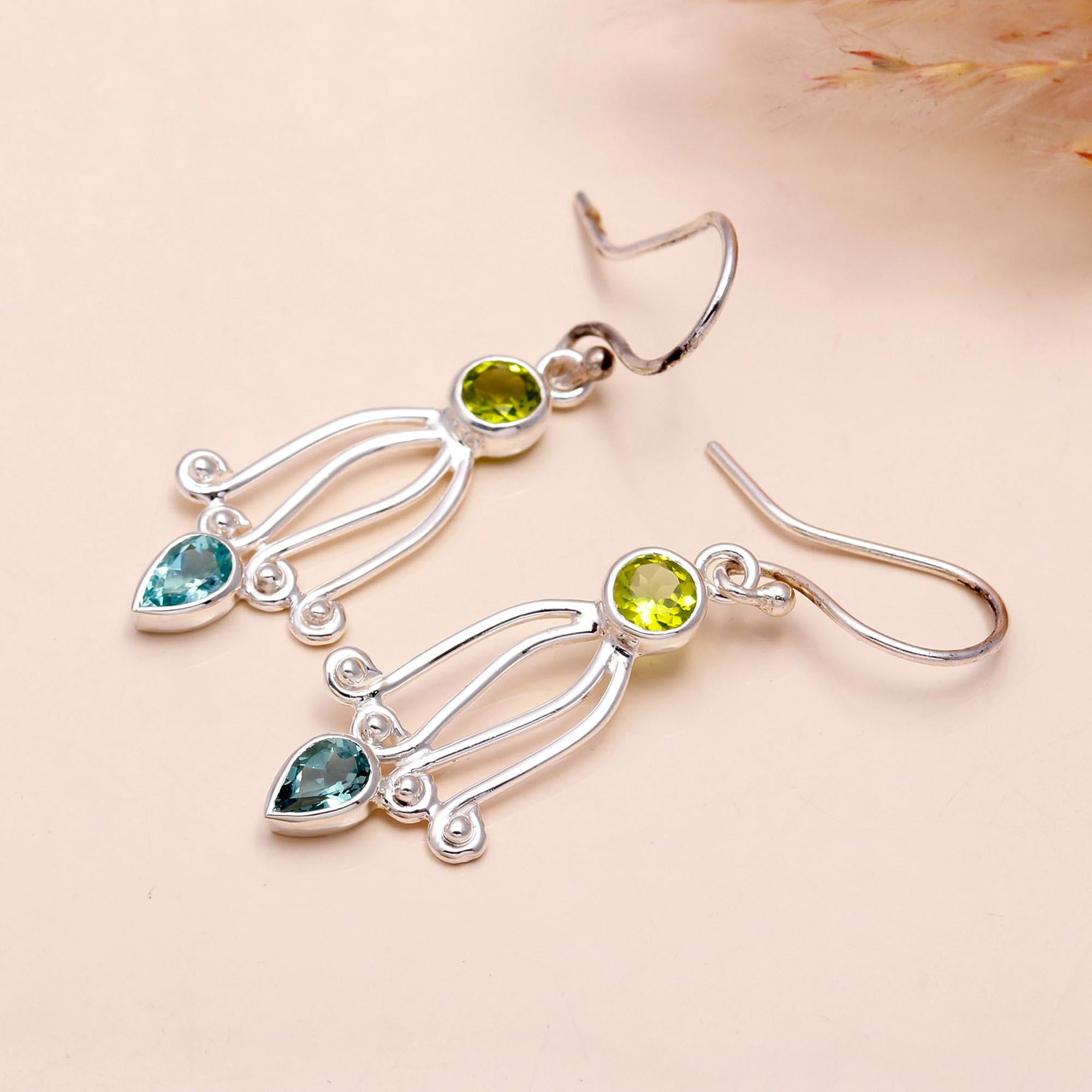 925 Sterling Silver Peridot & Blue Topaz Dangle Earrings