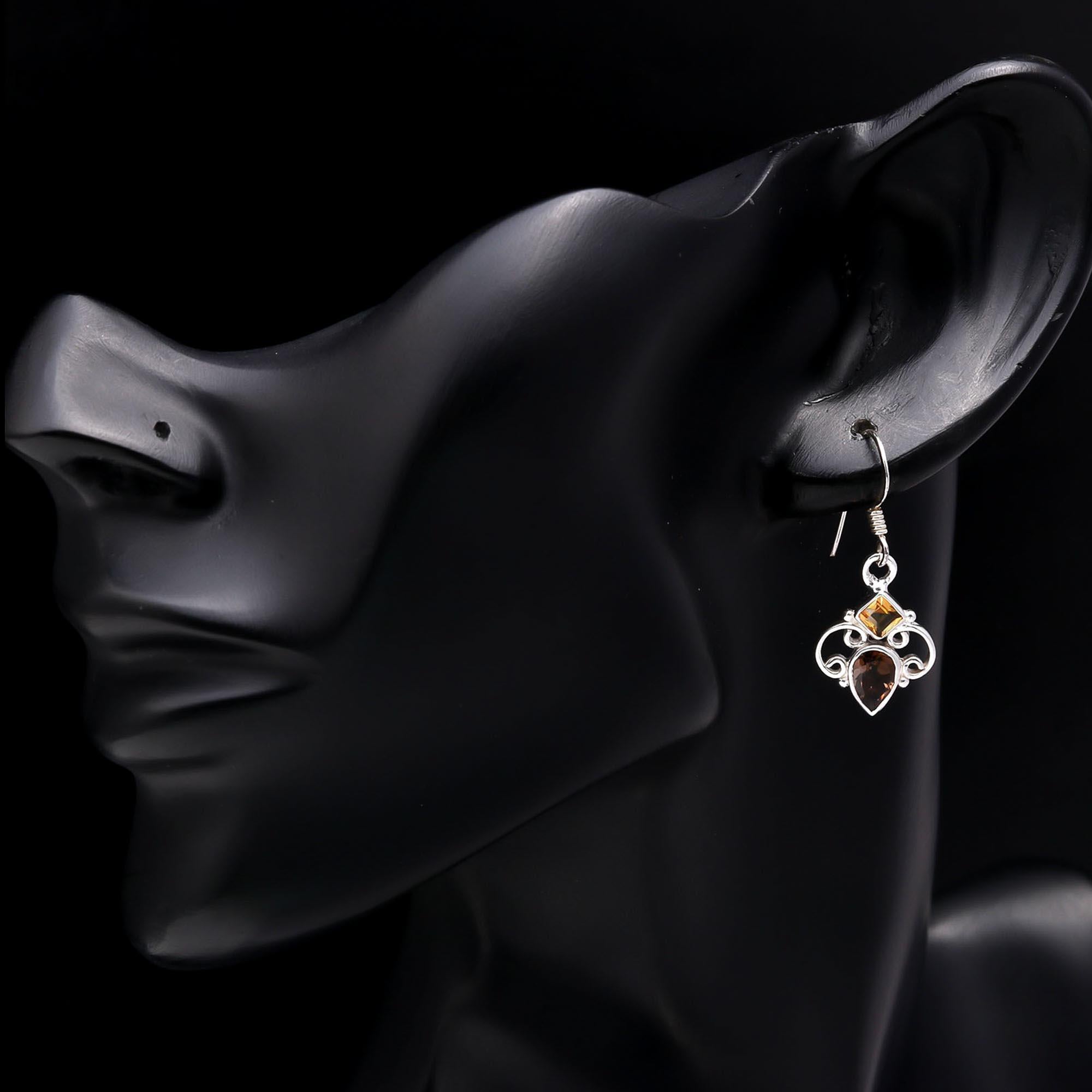 925 Sterling Silver Smoky Quartz & Citrine Dangle Earrings