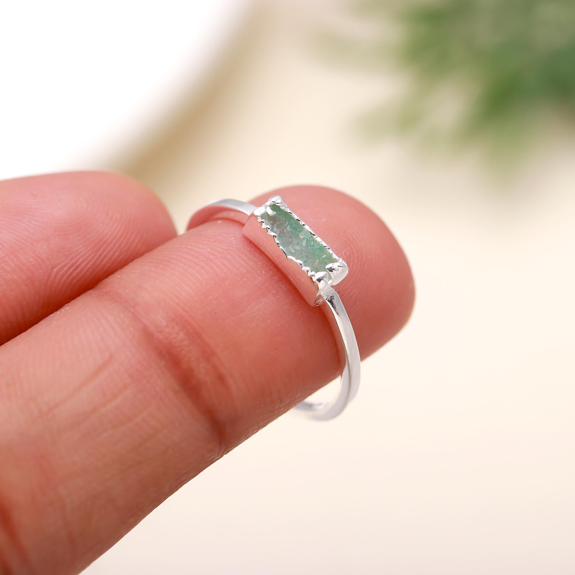 The Verdant Stardust: Green Druzy Bar Silver Ring