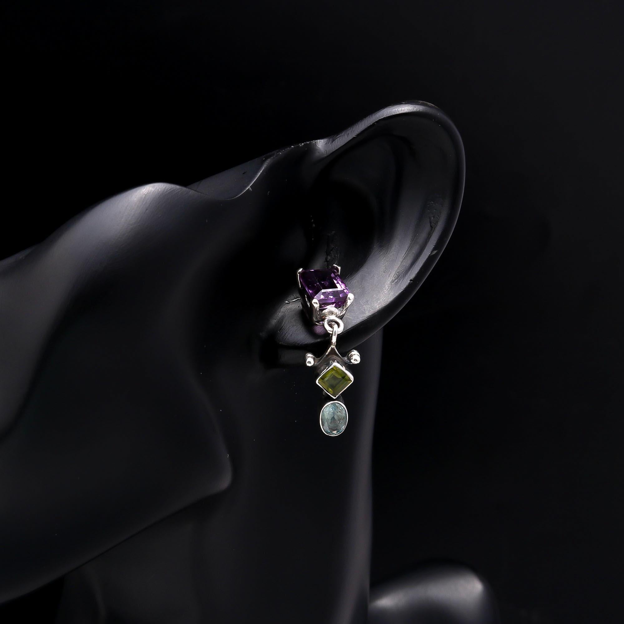 925 Sterling Silver Amethyst, Peridot & Blue Topaz Studs Earrings