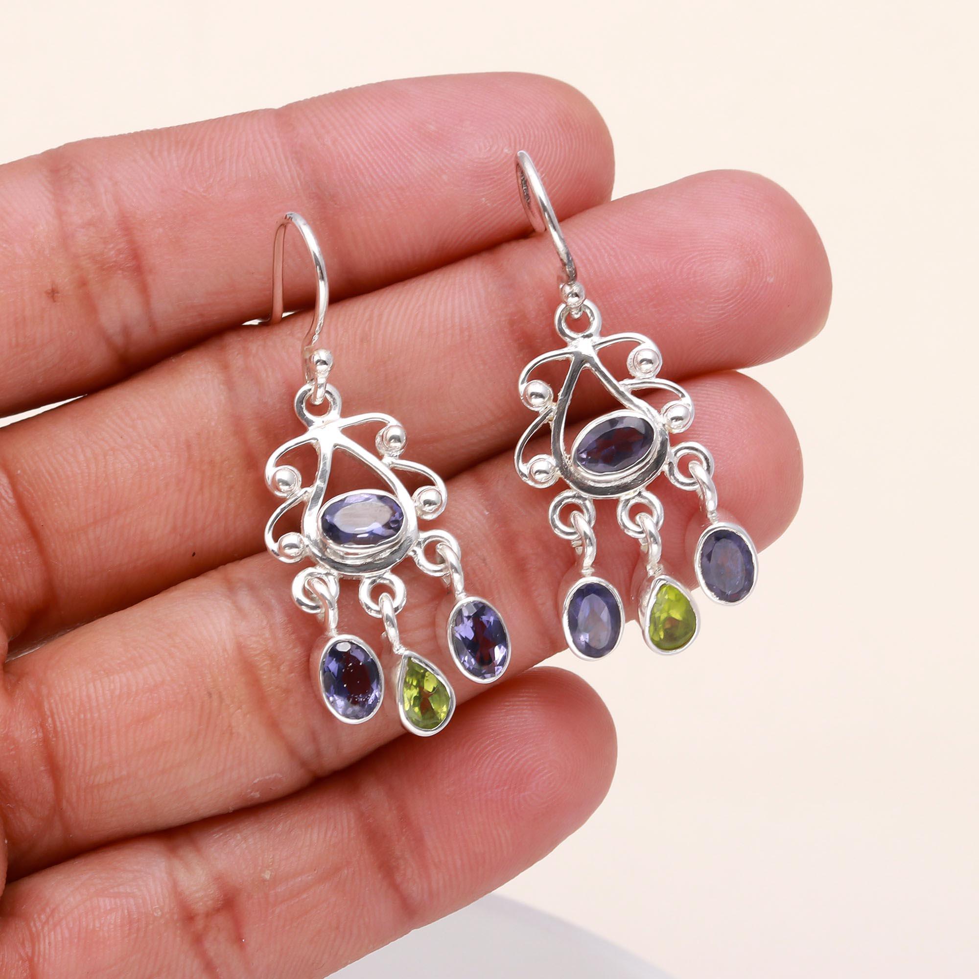 925 Sterling Silver Iolite & Peridot Chandelier Earrings