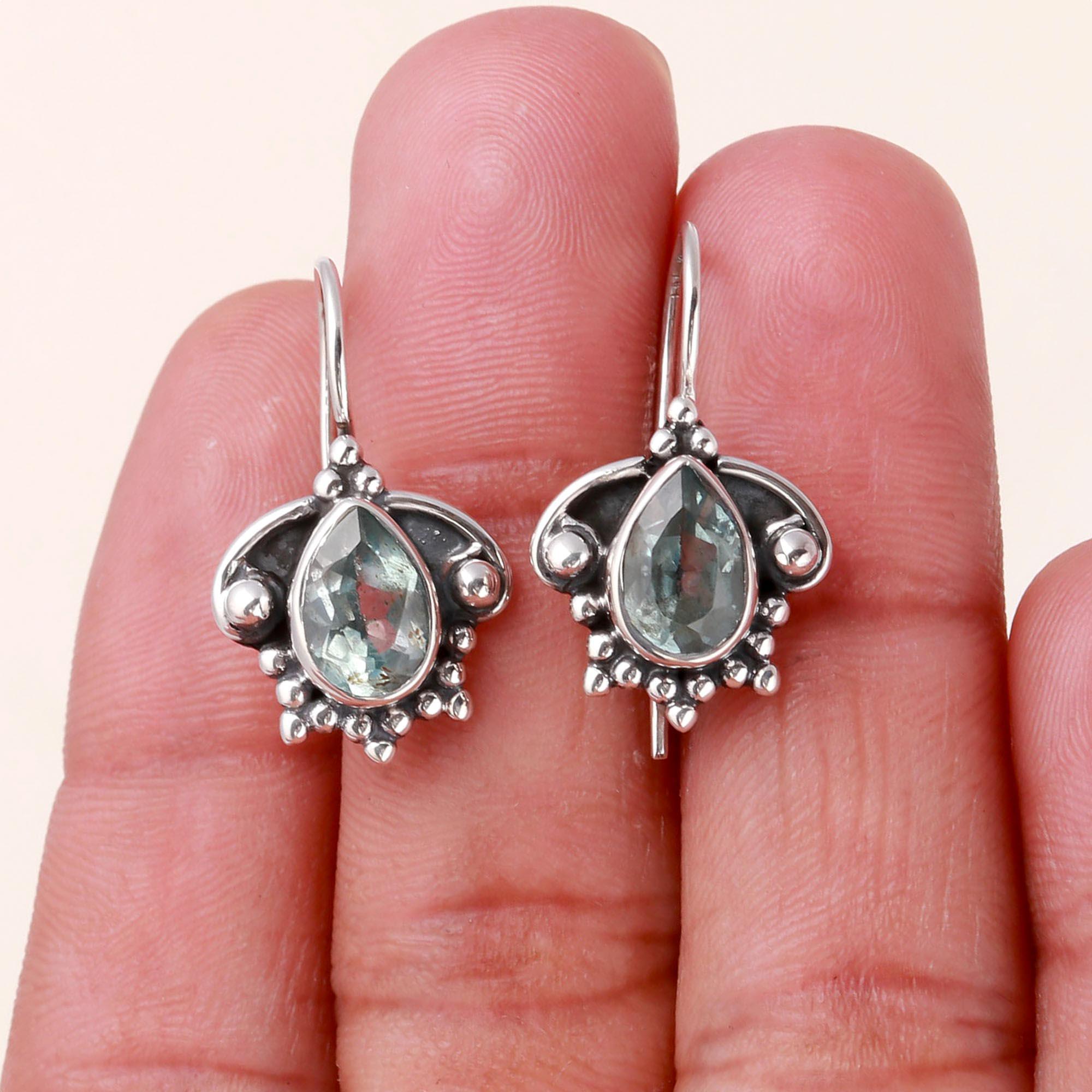 925 Sterling Silver Vintage Teardrop Aquamarine Dangle Earrings