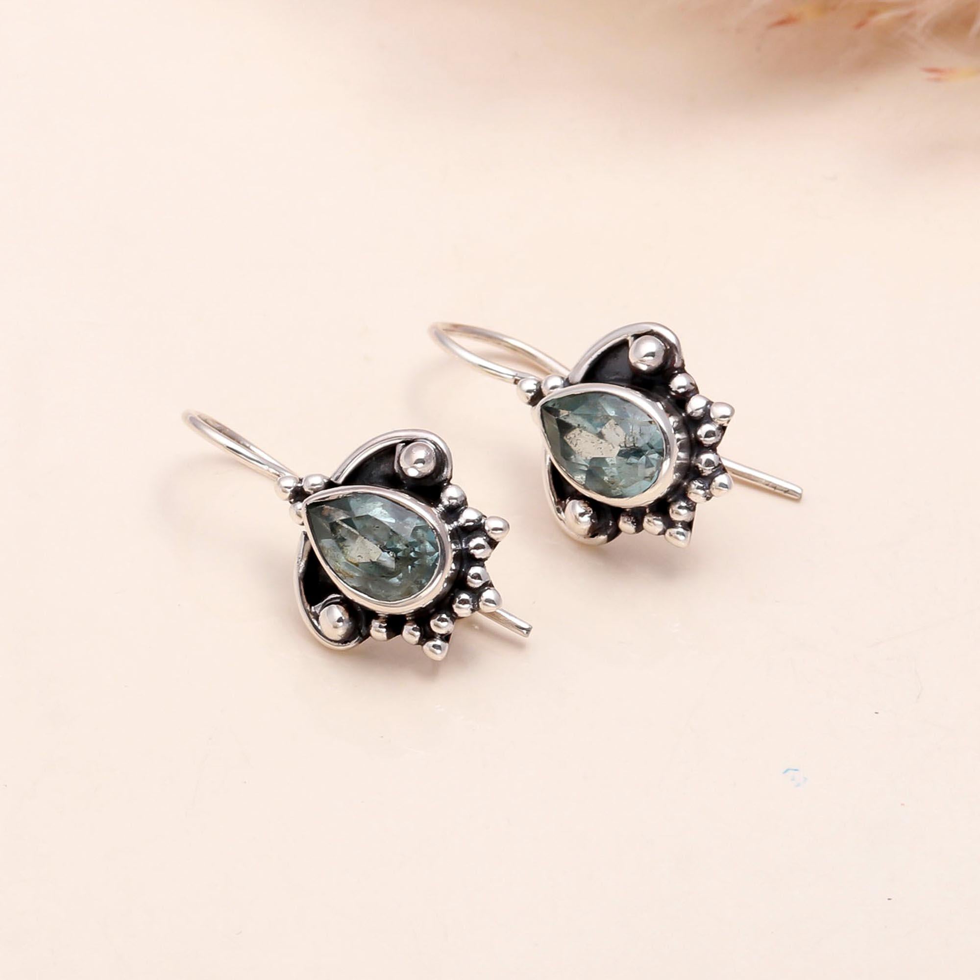 925 Sterling Silver Vintage Teardrop Aquamarine Dangle Earrings