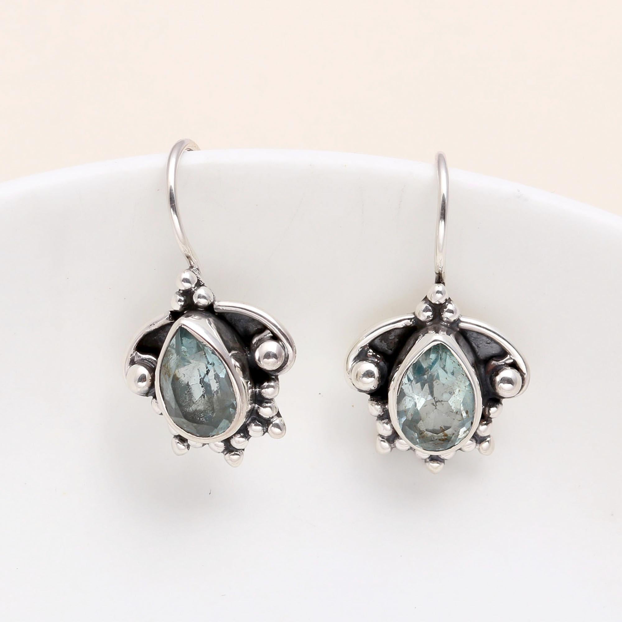 925 Sterling Silver Vintage Teardrop Aquamarine Dangle Earrings