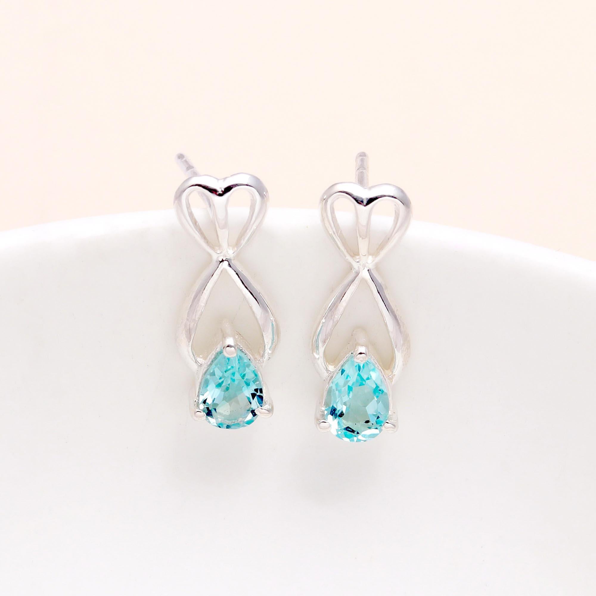 925 Sterling Silver Infinity Knot Aquamarine Studs Earrings