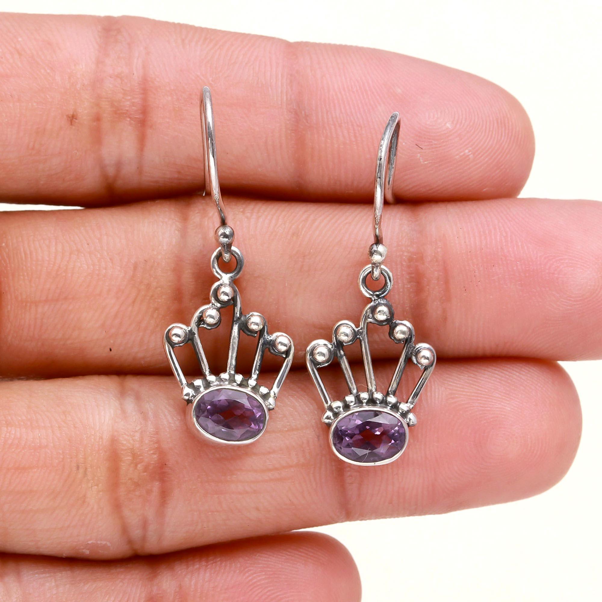 925 Sterling Silver Crown Amethyst Dangle Earrings