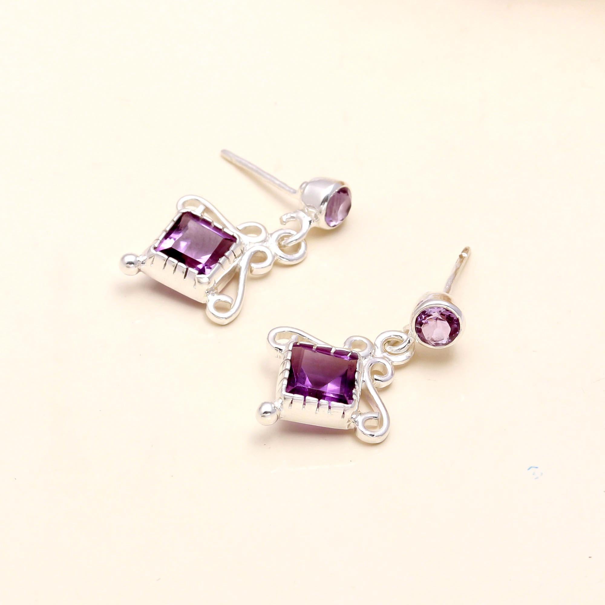 925 Sterling Silver Victorian-Style Amethyst Drop Earrings