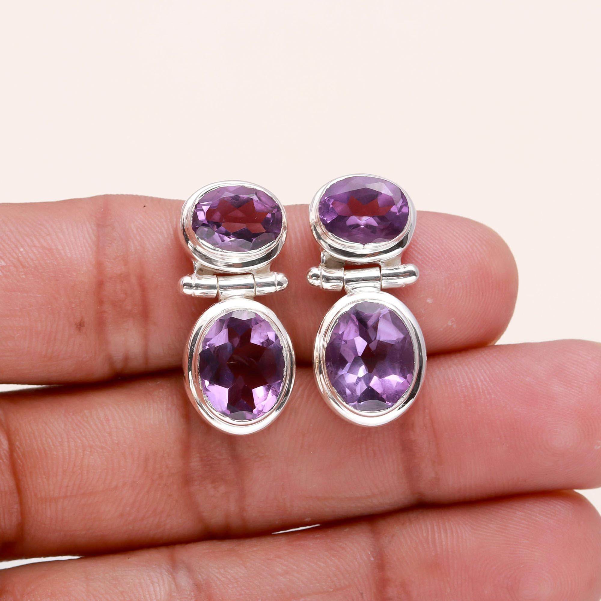 925 Sterling Silver Double Oval Amethyst Stud Earrings